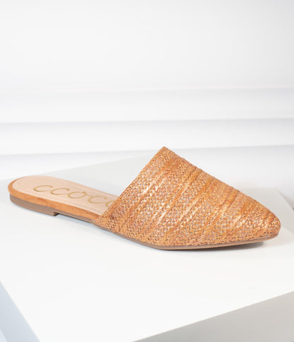 Tan Woven Straw Slip On Mules - Unique Vintage - Womens, SHOES, FLATS
