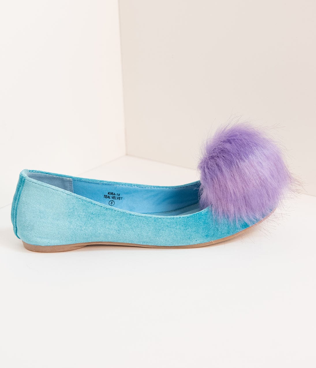 Teal Velvet & Purple Pom Pom Ballet Flats - Unique Vintage - Womens, SHOES, FLATS