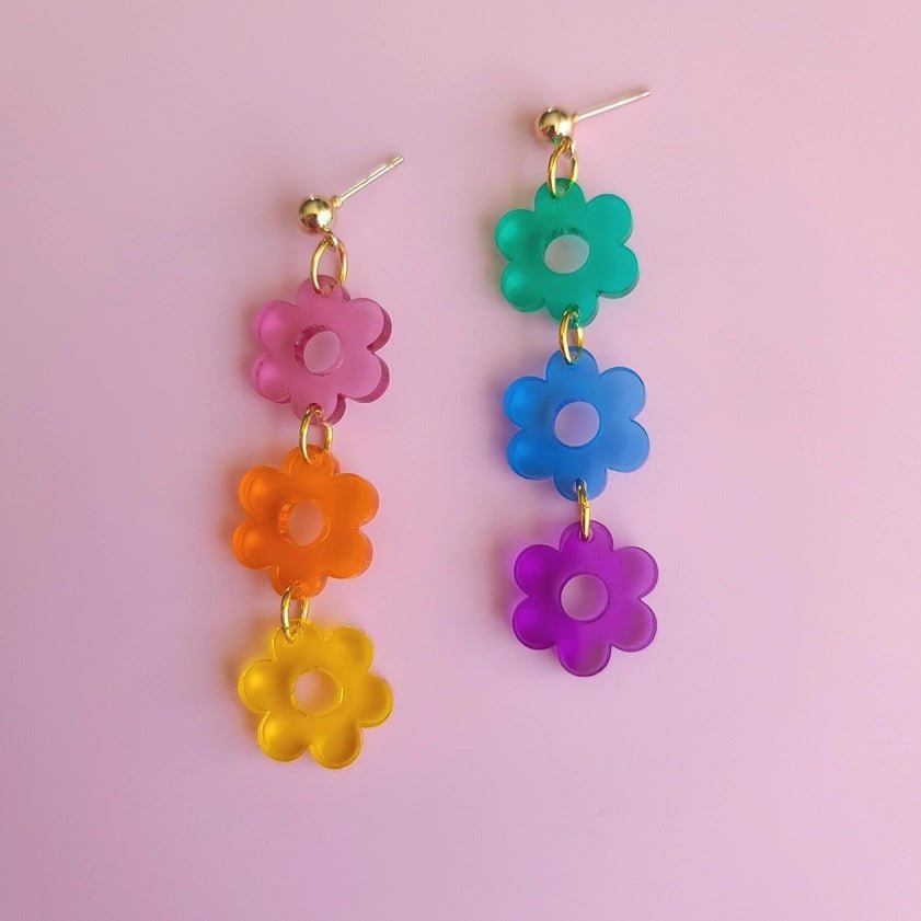 Triple Rainbow Flower Earrings - Unique Vintage - Womens, ACCESSORIES, JEWELRY