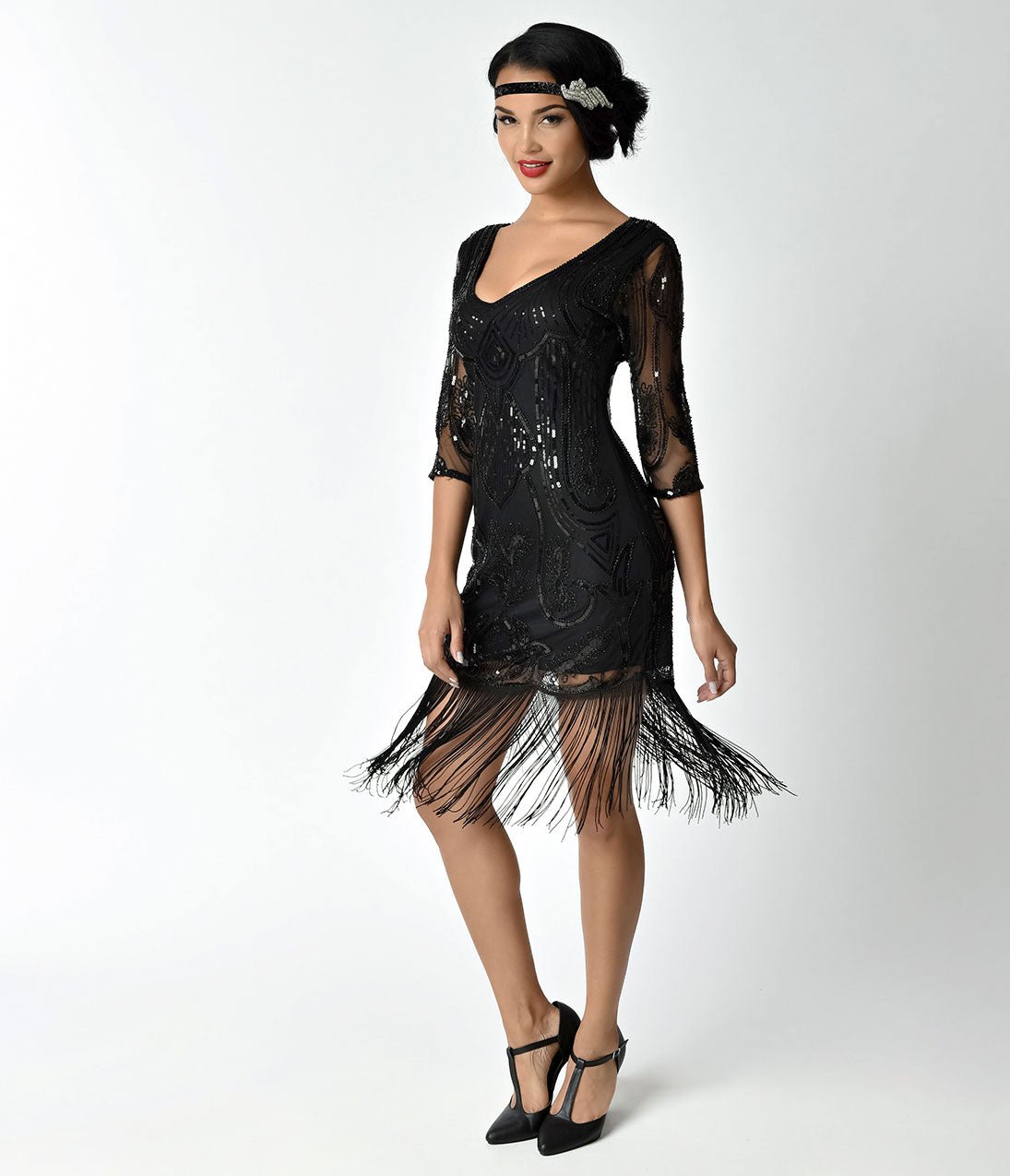 cocktail dress 1920s Unique Vintage Black Beaded & Sequin Margaux Sleeved Fringe Cock Priscilla Couture | Seduced Size:Large (106cm) 419 Designed to have more