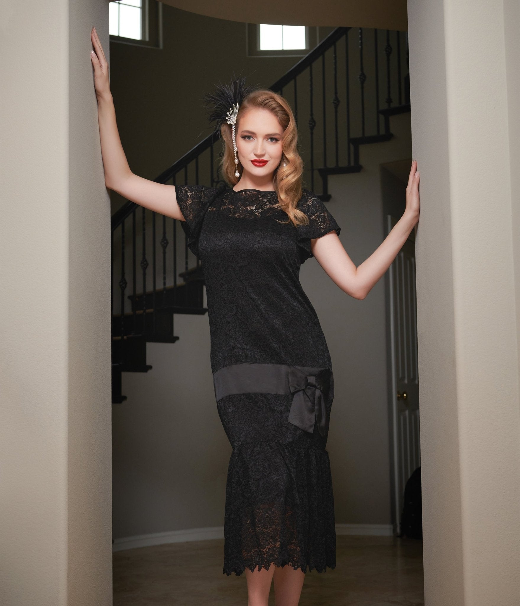 Unique Vintage 1920s Black Floral Lace & Bow Flapper Dress - Unique Vintage - Womens, FLAPPER, DRESSES