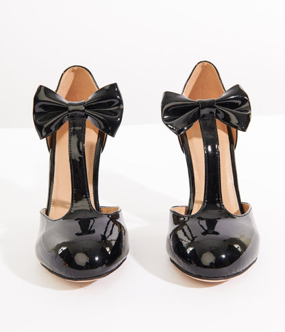 Unique Vintage 1920s Black Patent Leatherette Bow T-Strap Heels - Unique Vintage - Womens, SHOES, HEELS