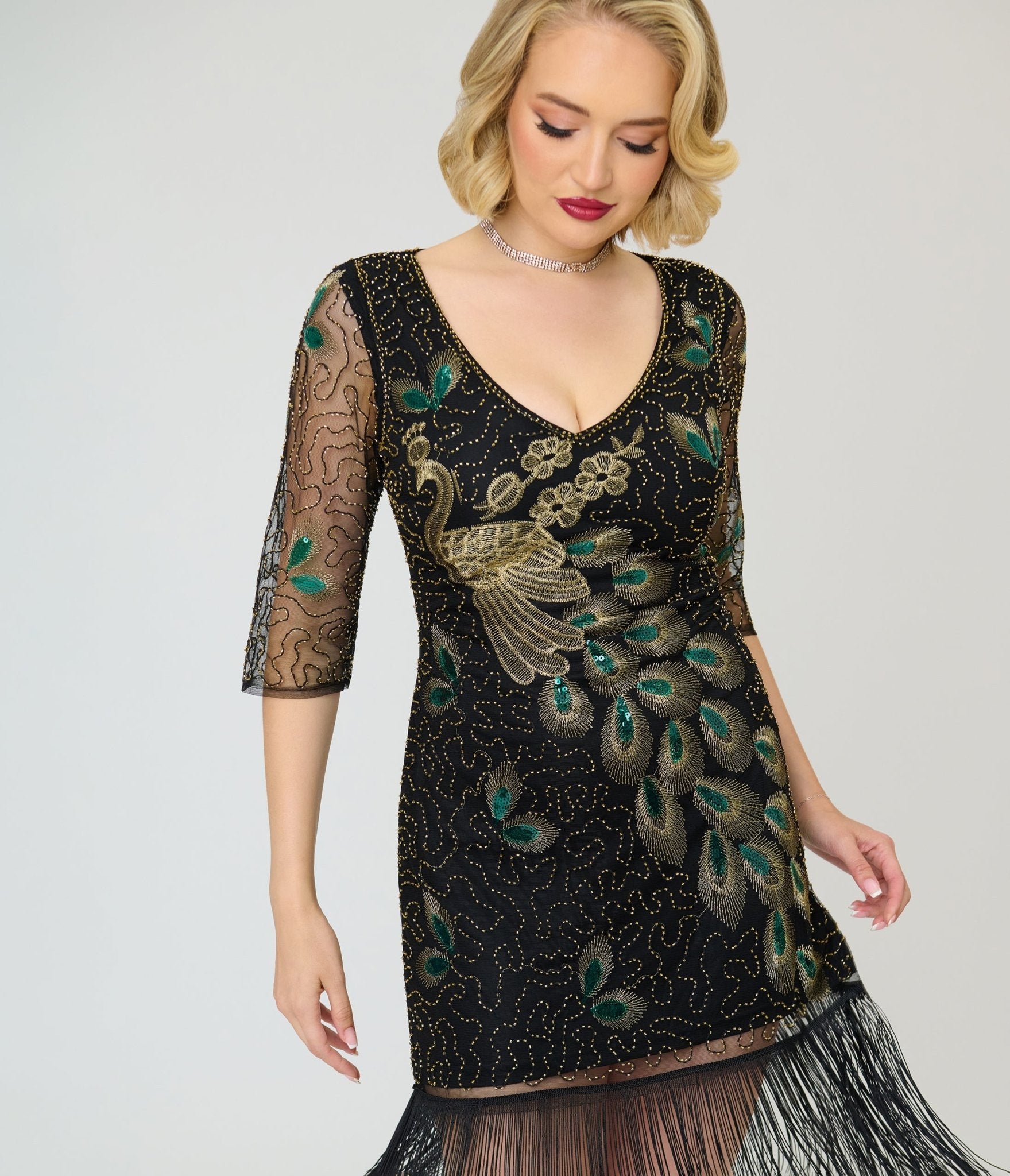 Unique Vintage 1920s Black Peacock Sequin Margaux Flapper Dress