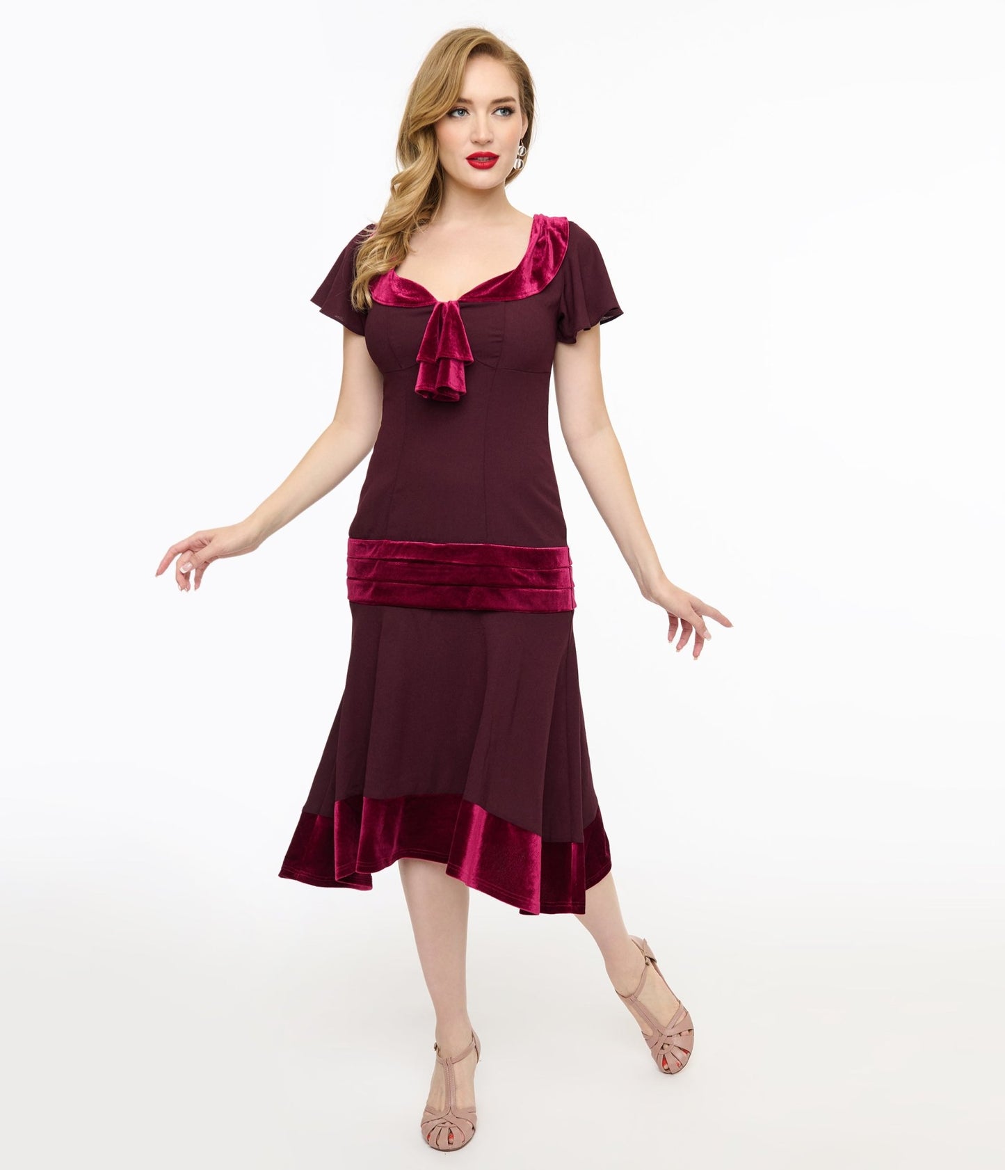 Unique Vintage 1920s Burgundy Wilshire Flapper Day Dress - Unique Vintage - Womens, FLAPPER, SLEEVED NON BEADED