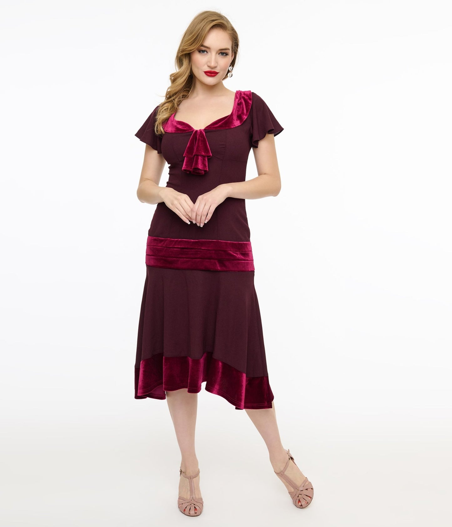 Unique Vintage 1920s Burgundy Wilshire Flapper Day Dress - Unique Vintage - Womens, FLAPPER, SLEEVED NON BEADED