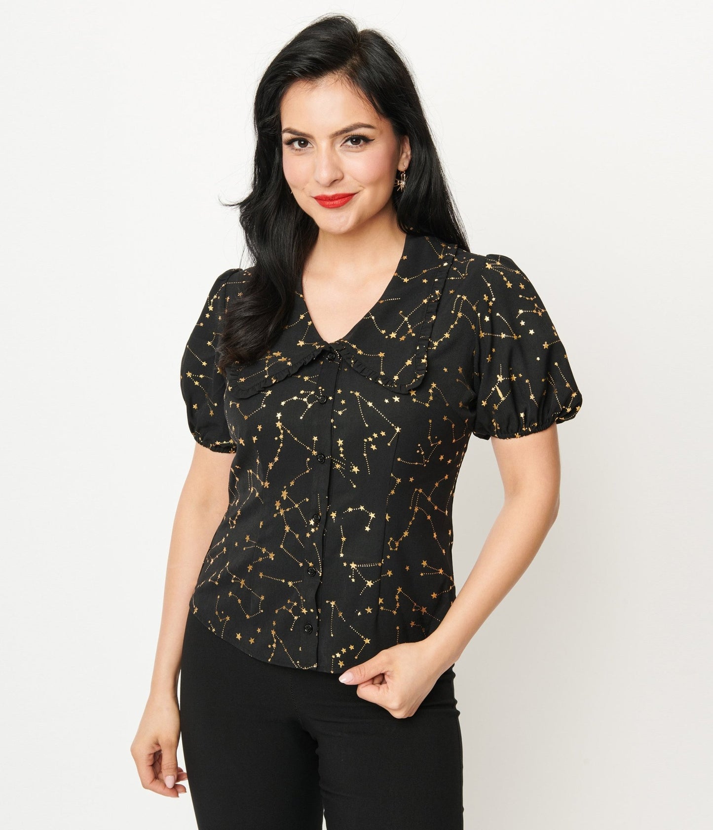 Unique Vintage 1930s Black & Gold Stars Oversized Collar Blouse - Unique Vintage - Womens, TOPS, WOVEN TOPS