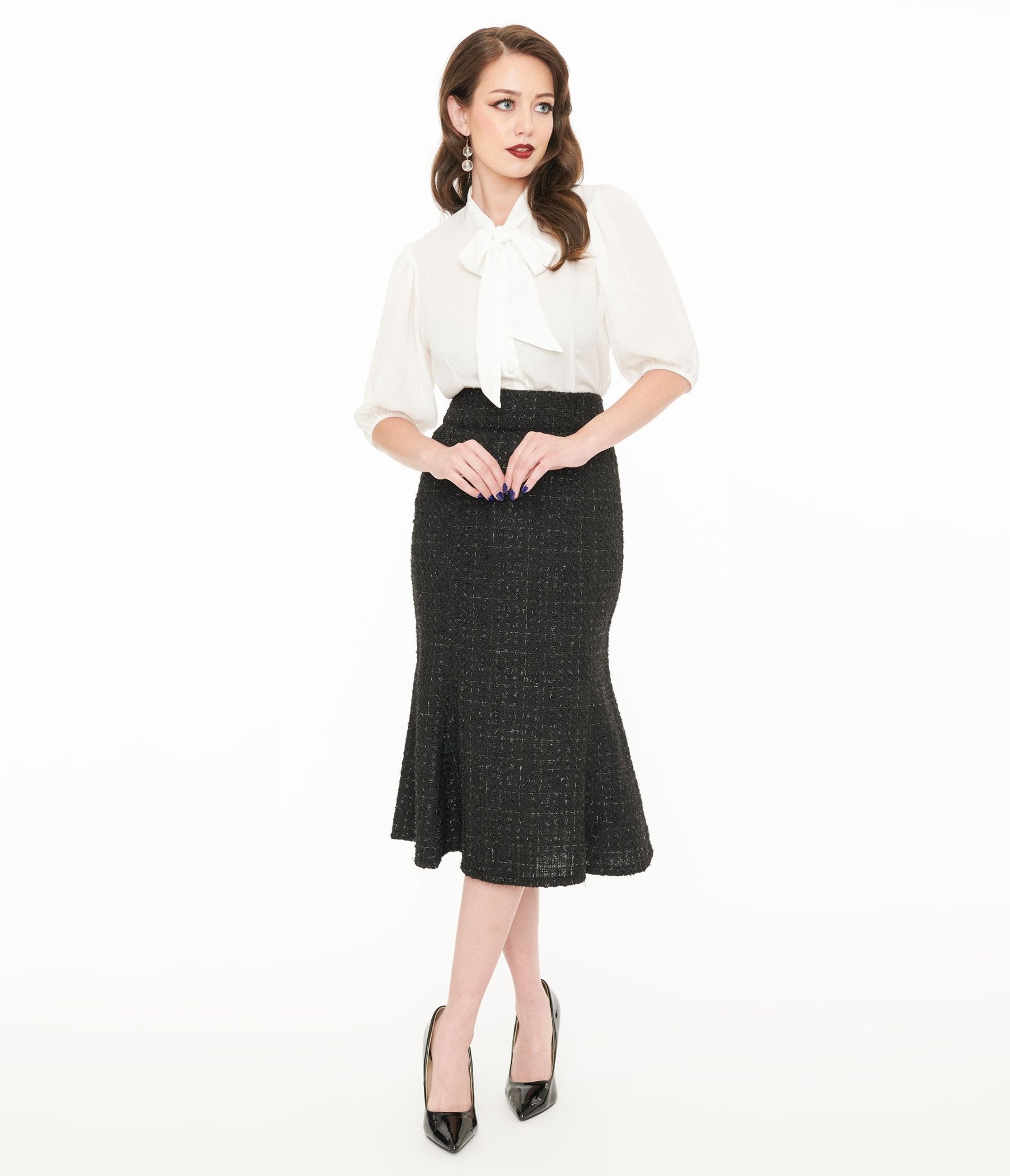 Unique Vintage 1940s Black Lurex Tweed Tina Trumpet Skirt - Unique Vintage - Womens, BOTTOMS, SKIRTS