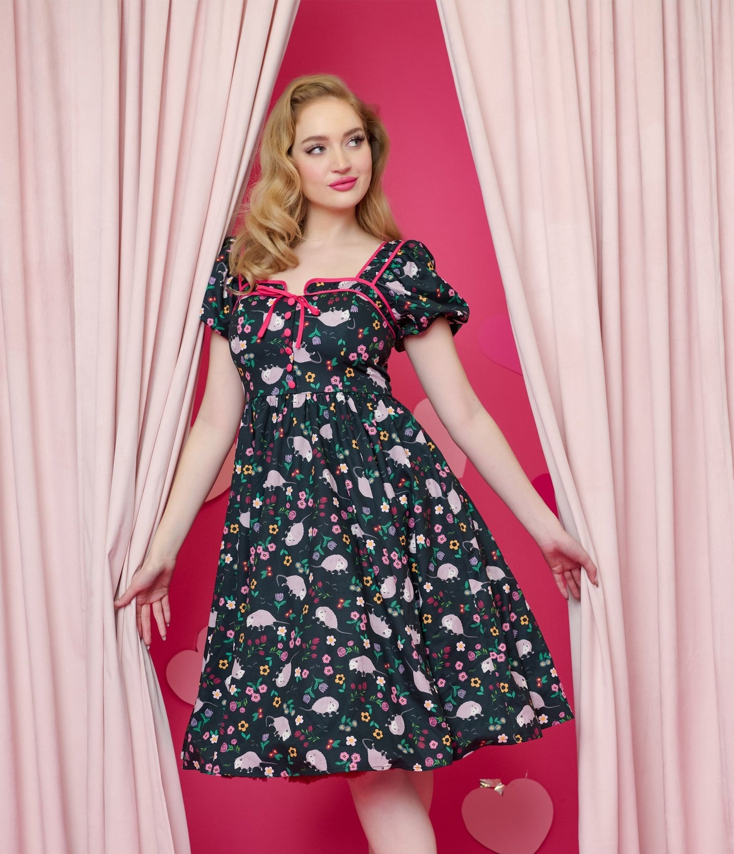 Unique Vintage 1940s Black & Pink Awesome Possum Button Front Swing Dress - Unique Vintage - Womens, DRESSES, SWING