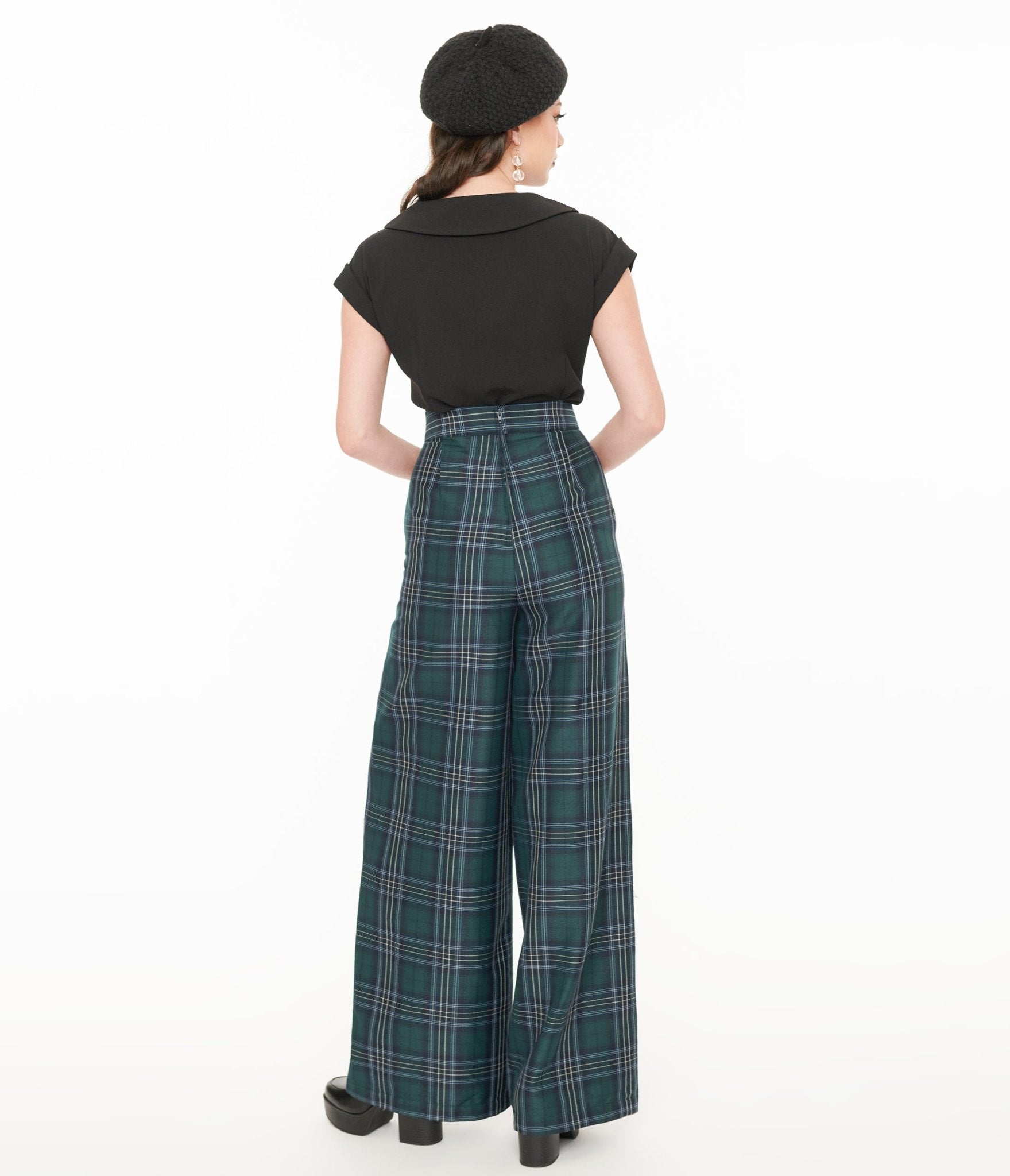 Unique Vintage 1940s Green & Black Plaid High Waist Pants - Unique Vintage - Womens, BOTTOMS, PANTS