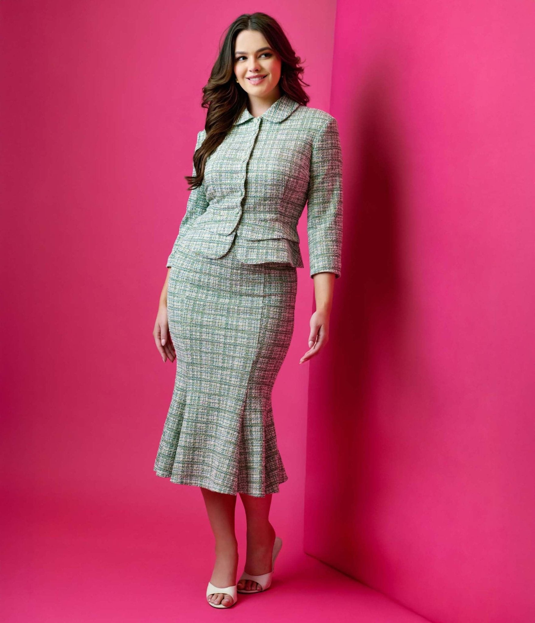 Unique Vintage 1940s Green Plaid Boucle Trumpet Skirt - Unique Vintage - Womens, BOTTOMS, SKIRTS