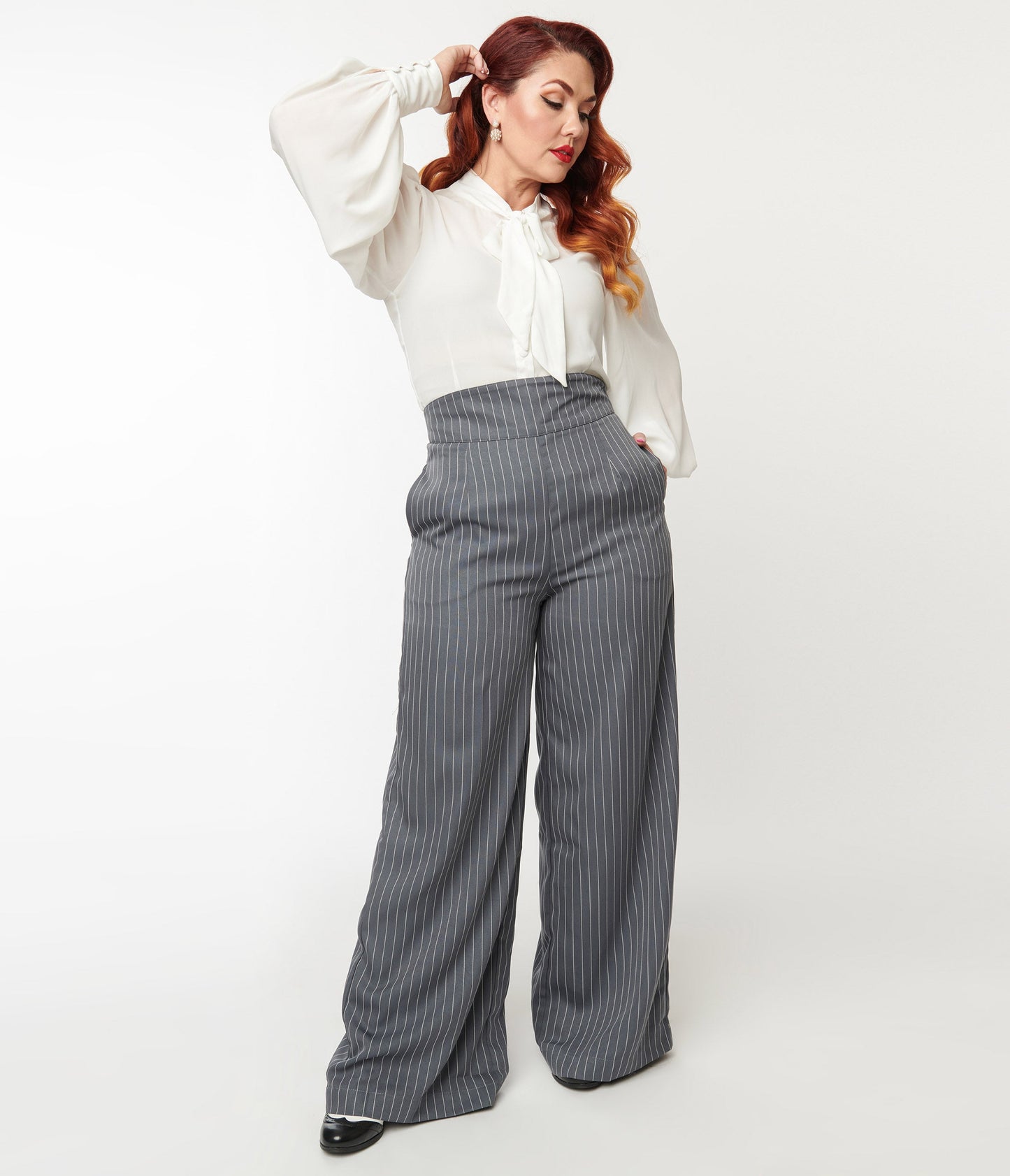 Unique Vintage 1940s Grey Pinstripe High Waist Pants - Unique Vintage - Womens, BOTTOMS, PANTS