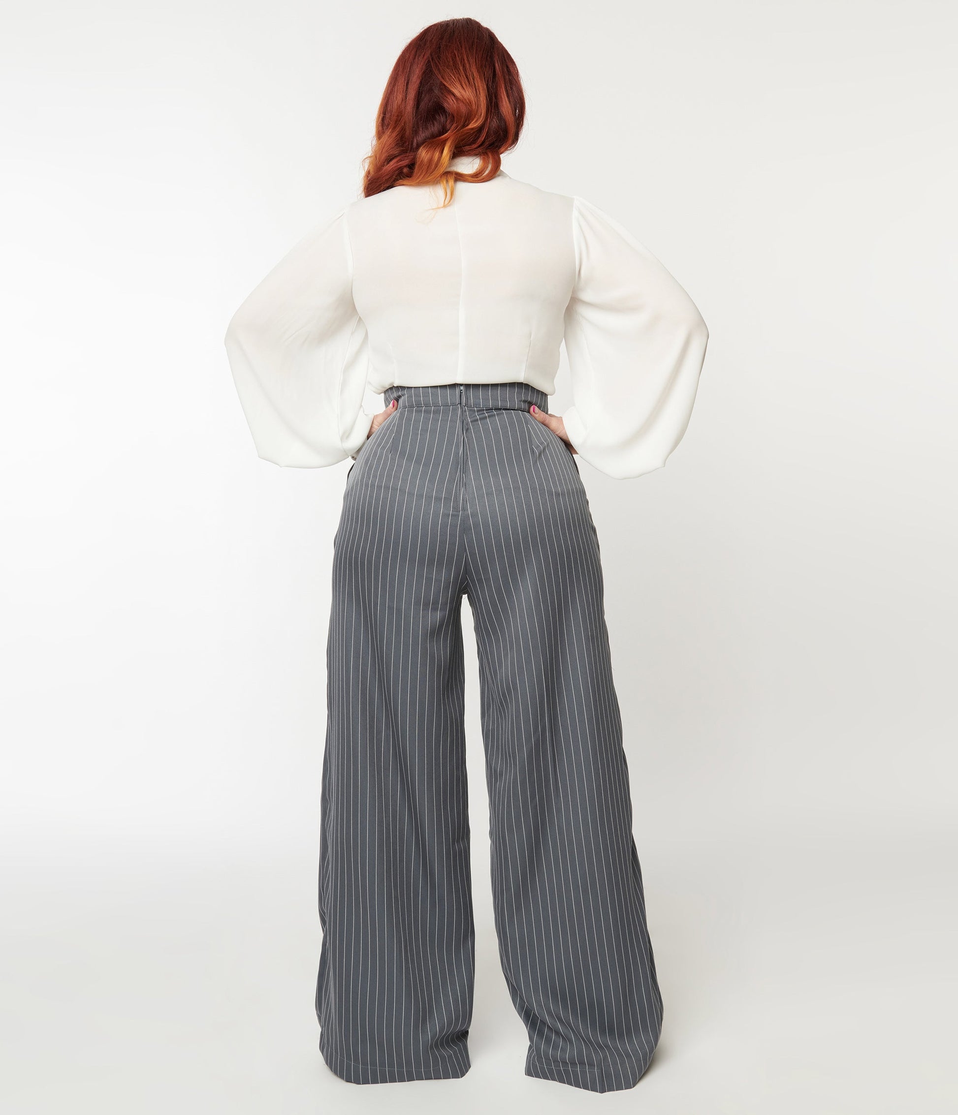 Unique Vintage 1940s Grey Pinstripe High Waist Pants - Unique Vintage - Womens, BOTTOMS, PANTS
