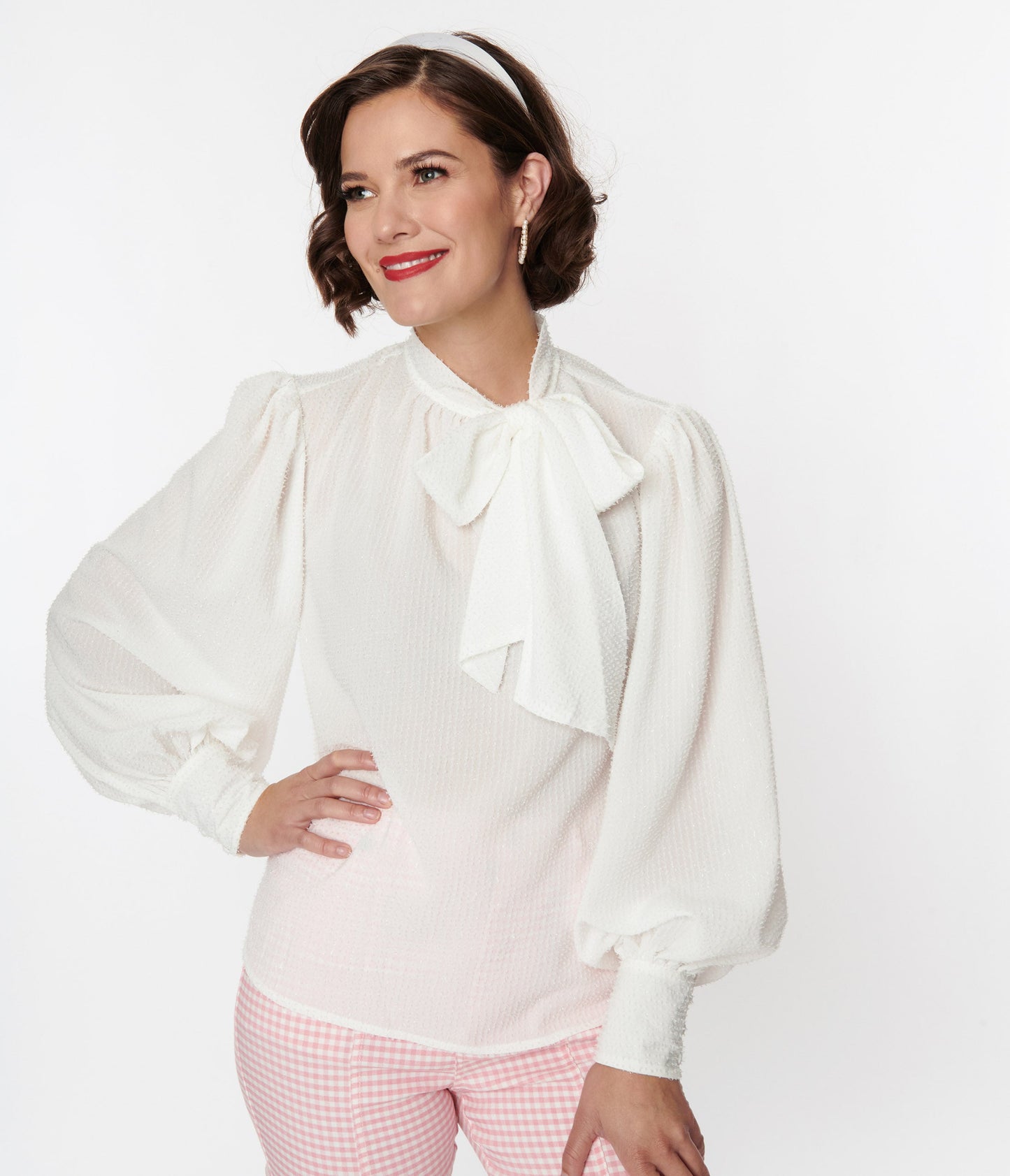 Unique Vintage 1940s White Clip Dot Long Sleeve Bow Blouse - Unique Vintage - Womens, TOPS, WOVEN TOPS