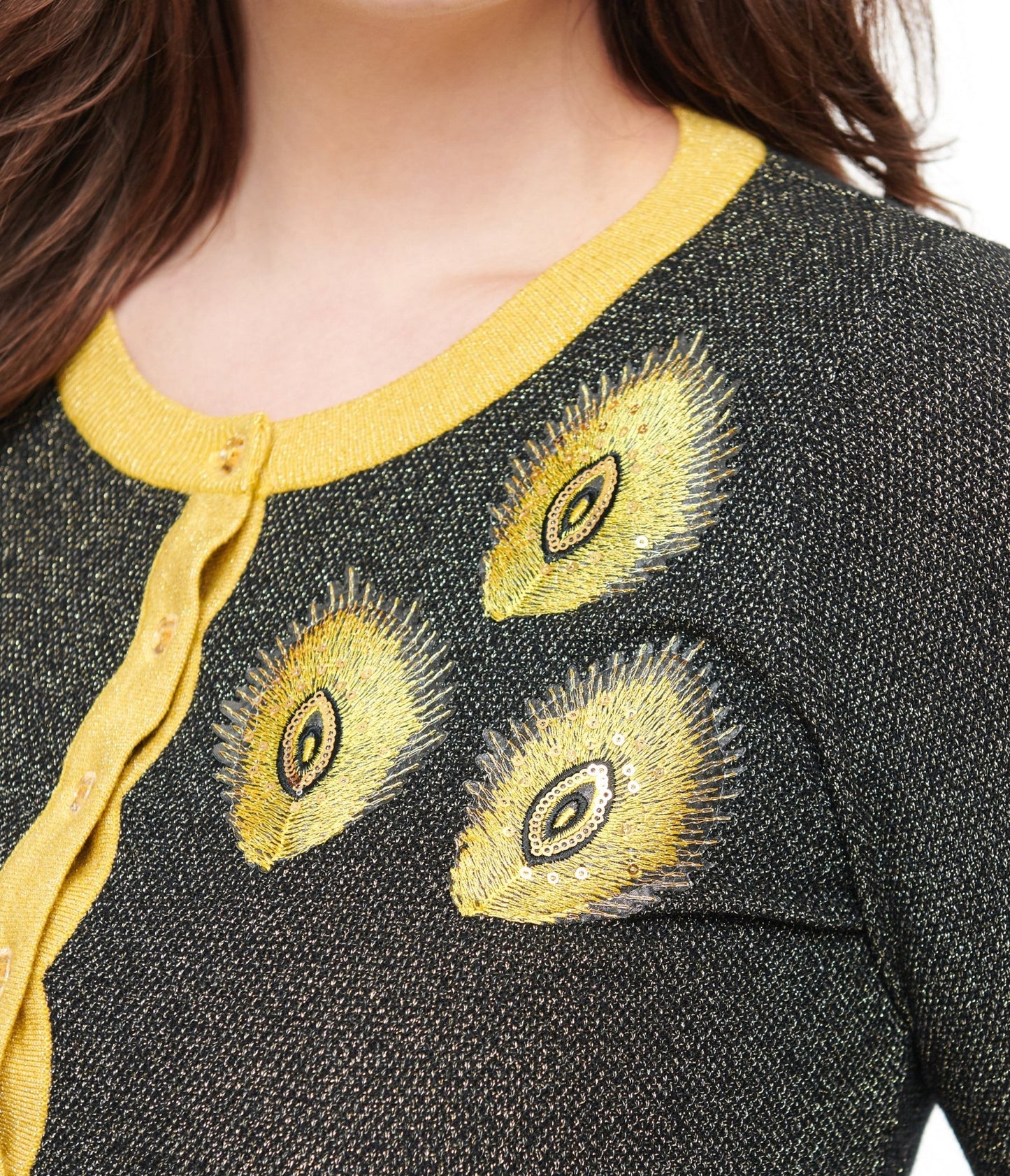 Unique Vintage 1950s Black & Gold Peacock Feather Embroidered Bookworm Cardigan - Unique Vintage - Womens, TOPS, SWEATERS