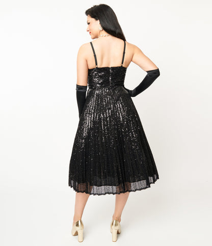 Unique Vintage 1950s Black Pleated Sequin Swing Dress - Unique Vintage - Womens, DRESSES, PROM AND SPECIAL OCCASION