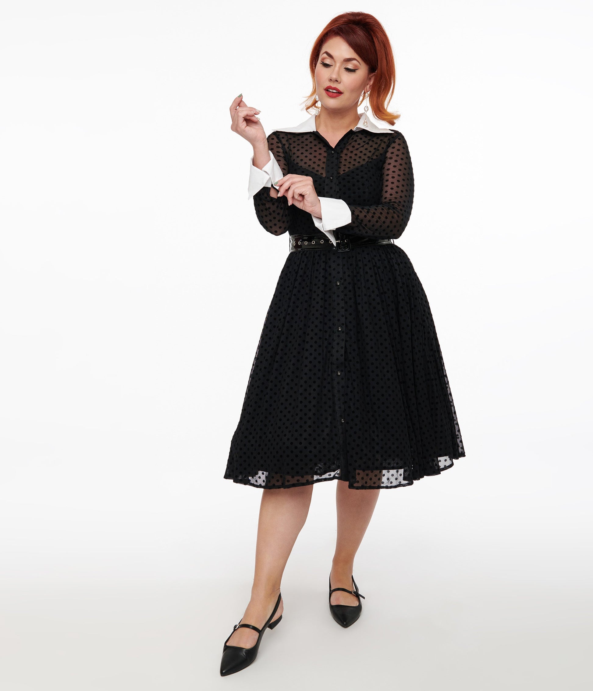 Unique Vintage 1950s Black Polka Dot Tulle Swing Dress - Unique Vintage - Womens, DRESSES, SWING