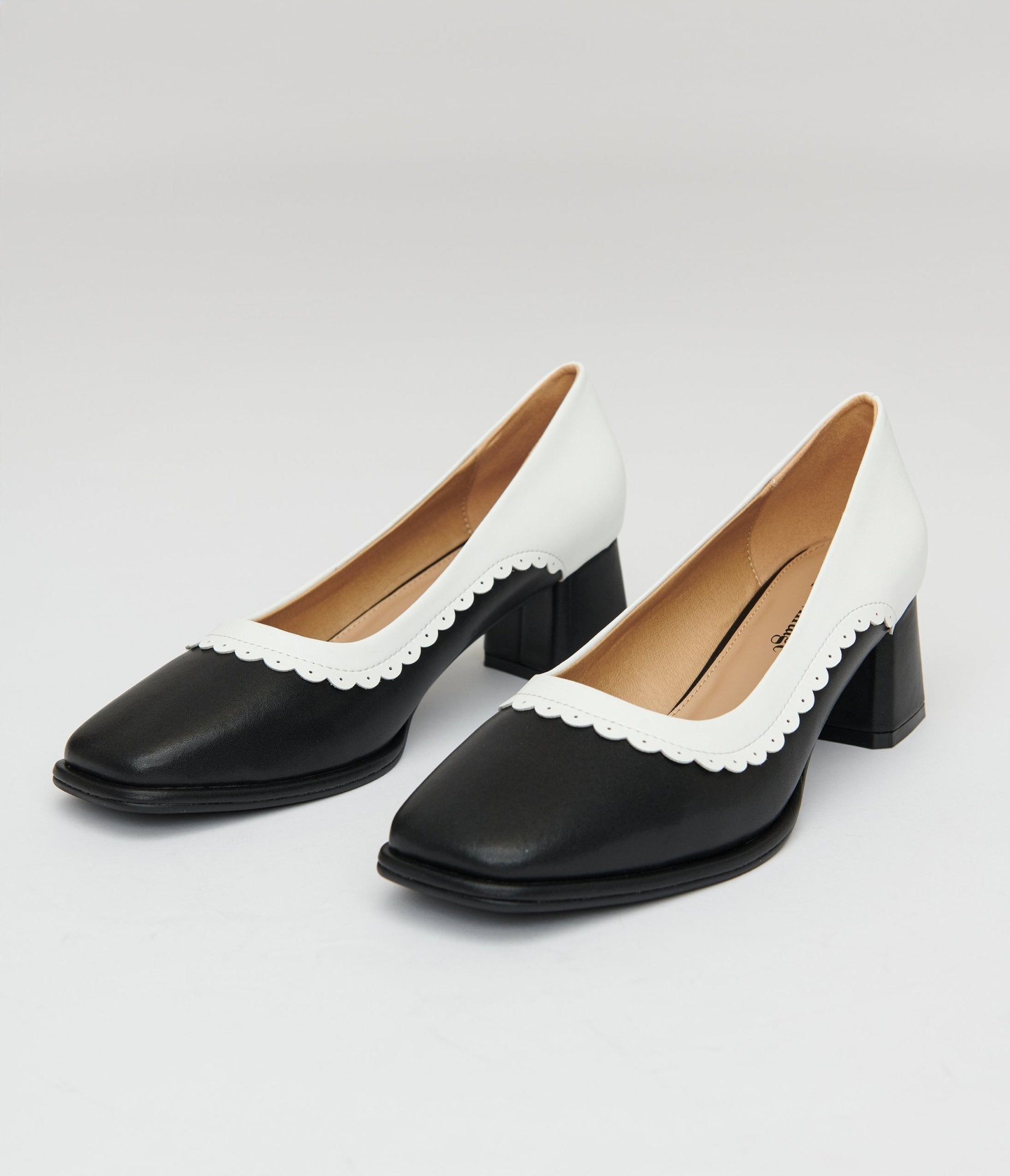Unique Vintage 1950s Black White Square Toe Pumps