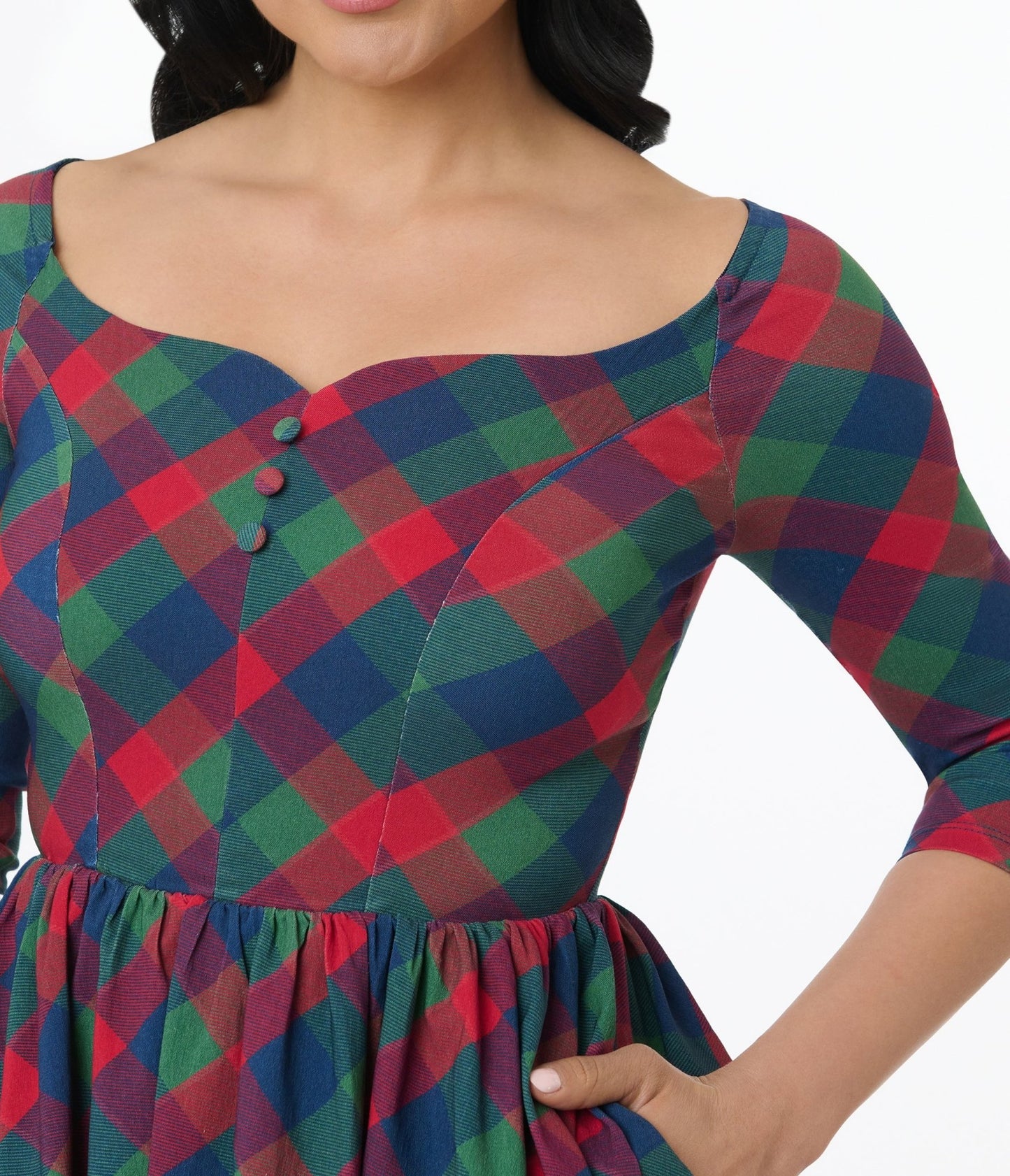 Unique Vintage 1950s Green & Red Plaid Sweetheart Swing Dress - Unique Vintage - Womens, DRESSES, SWING