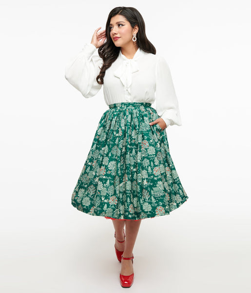 【期間限定送料無料】 Unique Vintage 1950s Green Winter Print Gellar Swing Skirt スカート