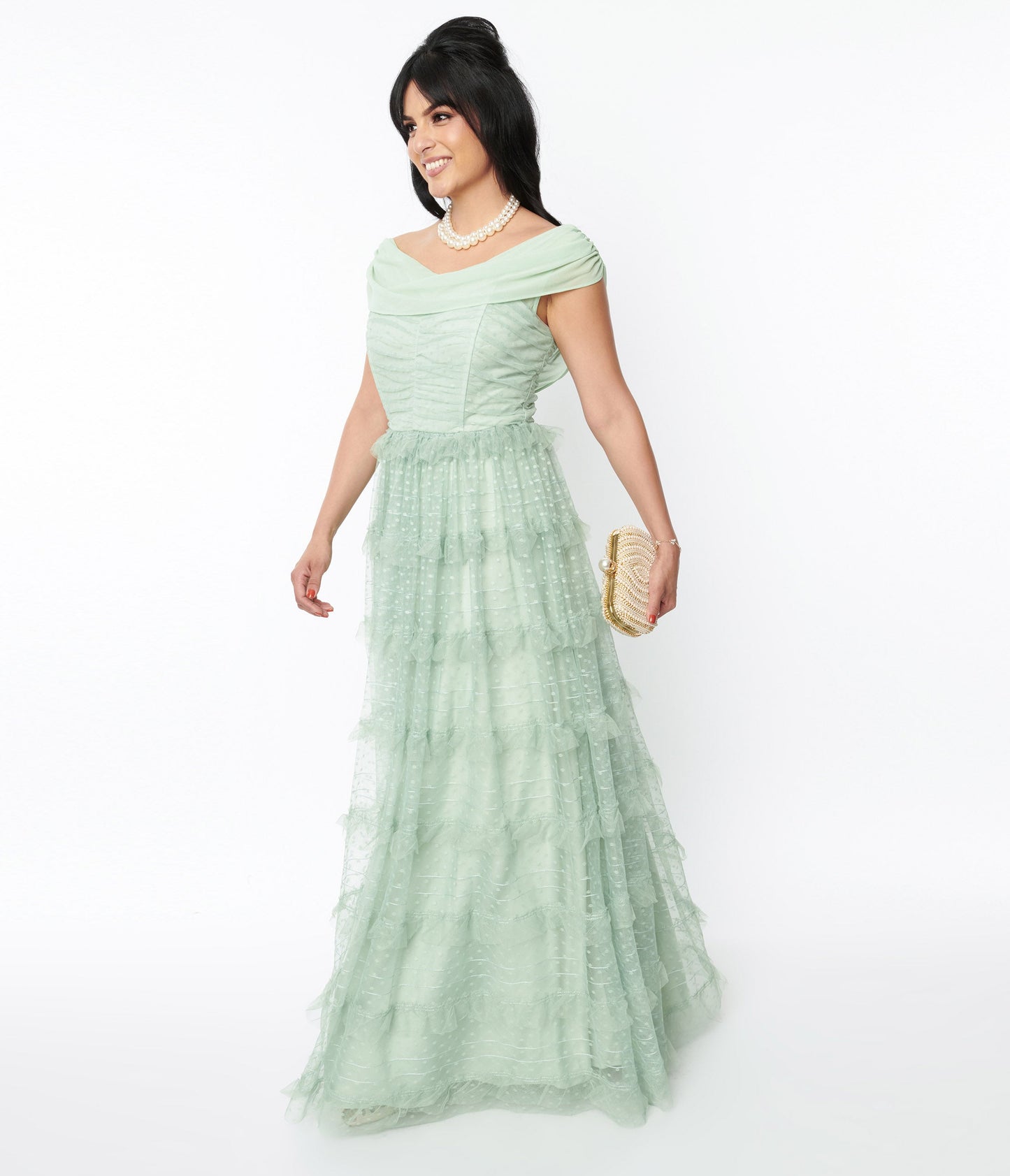 Unique Vintage 1950s Green Clip Dot Off Shoulder Cocktail Dress - Unique Vintage - Womens, DRESSES, PROM & SPECIAL OCCASION