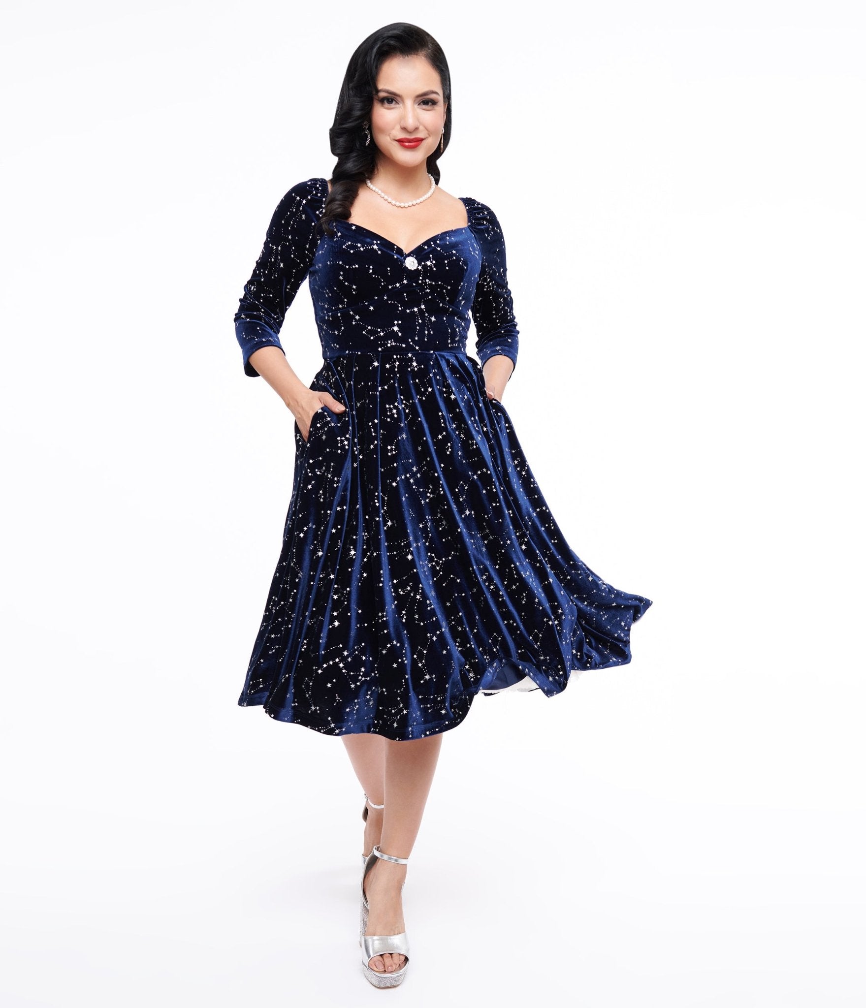 Unique Vintage 1950s Navy & Silver Star Velvet Lamar Swing Dress Unique Vintage 1950s Navy & Silver Star Velvet Lamar Swing Dress