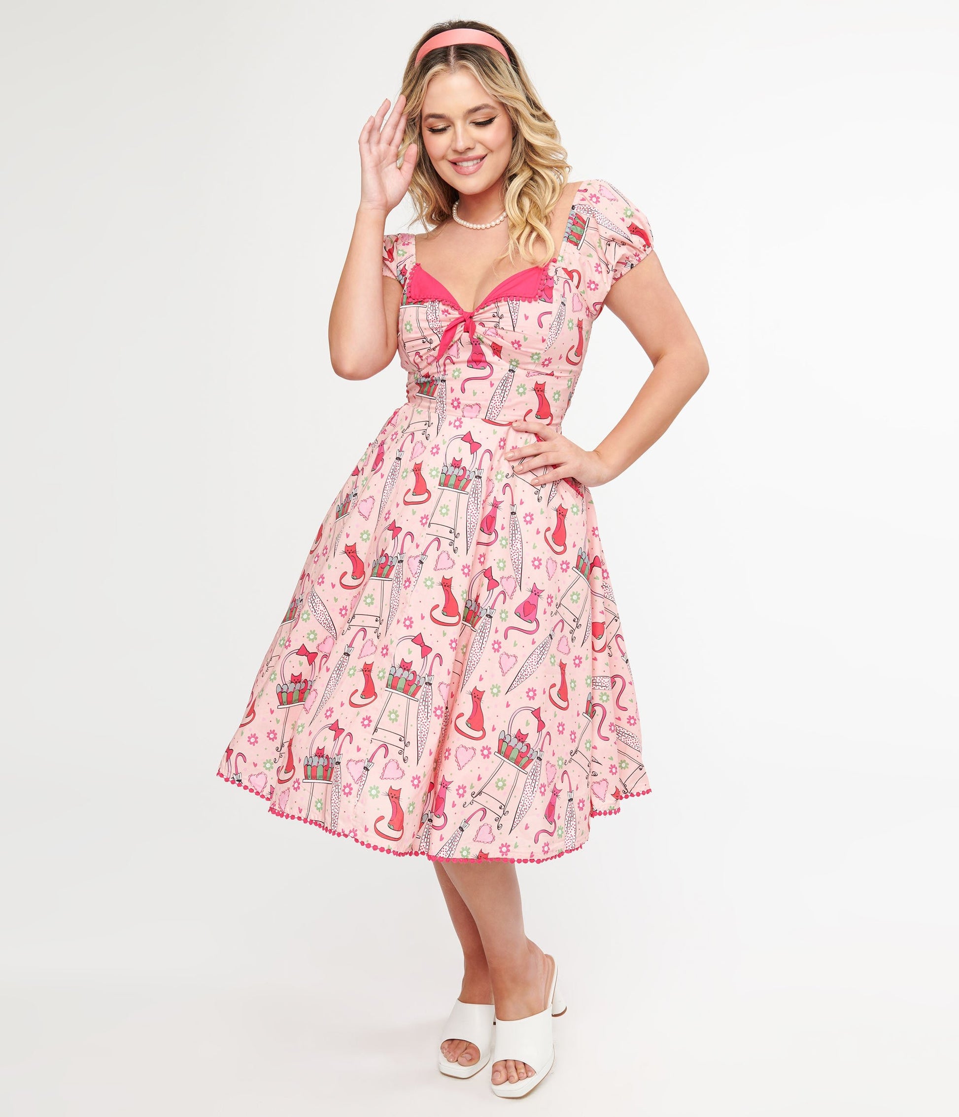 Unique Vintage 1950s Pink Caturday Print Cotton Swing Dress - Unique Vintage - Womens, DRESSES, SWING