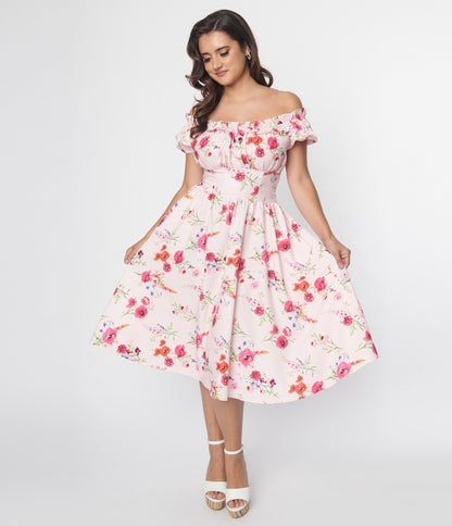 Unique Vintage 1950s Pink Floral Off the Shoulder Ruffle Swing Dress - Unique Vintage - Womens, DRESSES, SWING