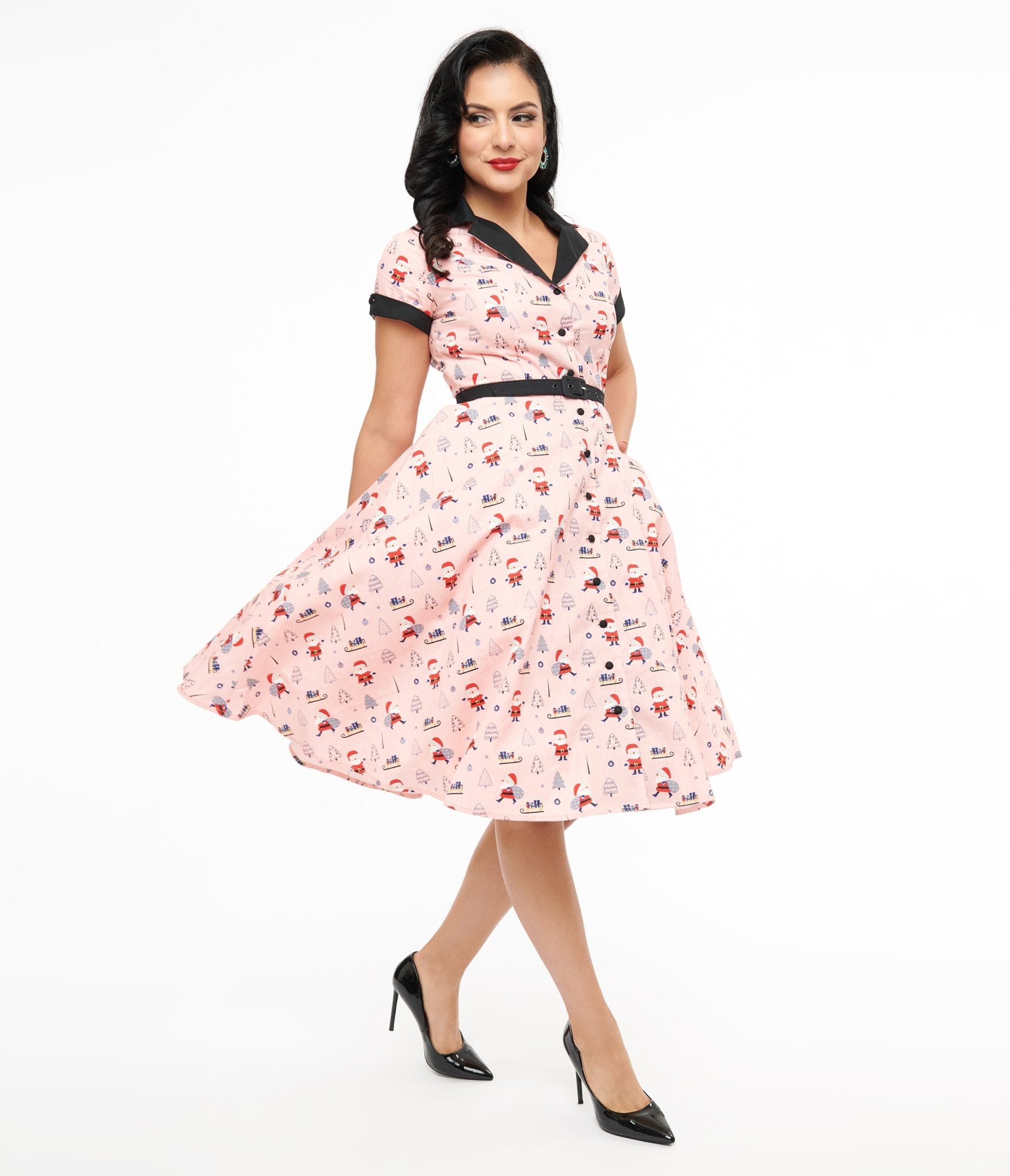 Unique Vintage 1950s Pink Santa Print Alexis Swing Dress Unique Vintage 1950s Pink Santa Print Alexis Swing Dress