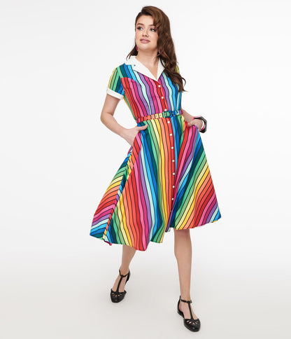 Unique Vintage 1950s Rainbow Stripe Pride Alexis Swing Dress - Unique Vintage - Womens, DRESSES, SWING