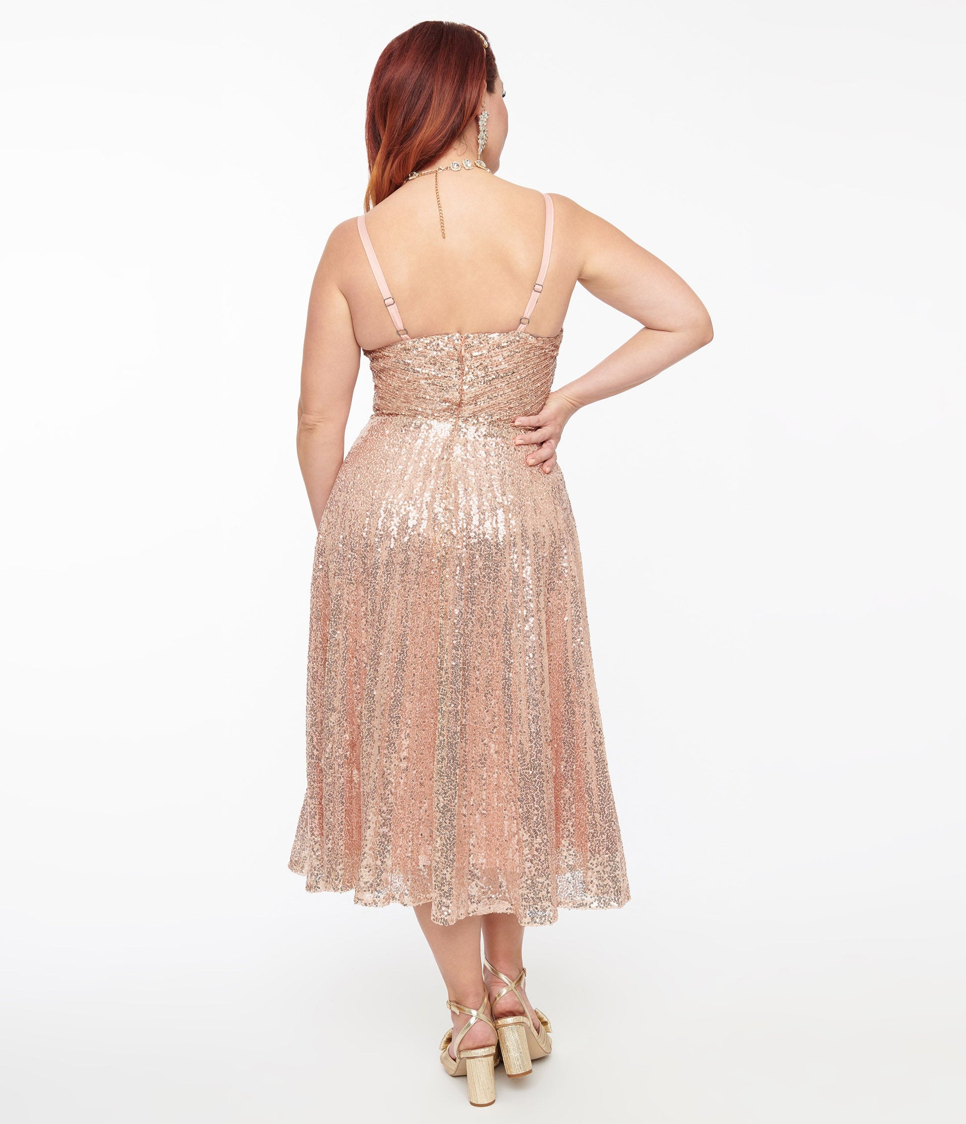 Unique Vintage 1950s Rose Gold Pleated Sequin Swing Dress - Unique Vintage - Womens, DRESSES, PROM AND SPECIAL OCCASION