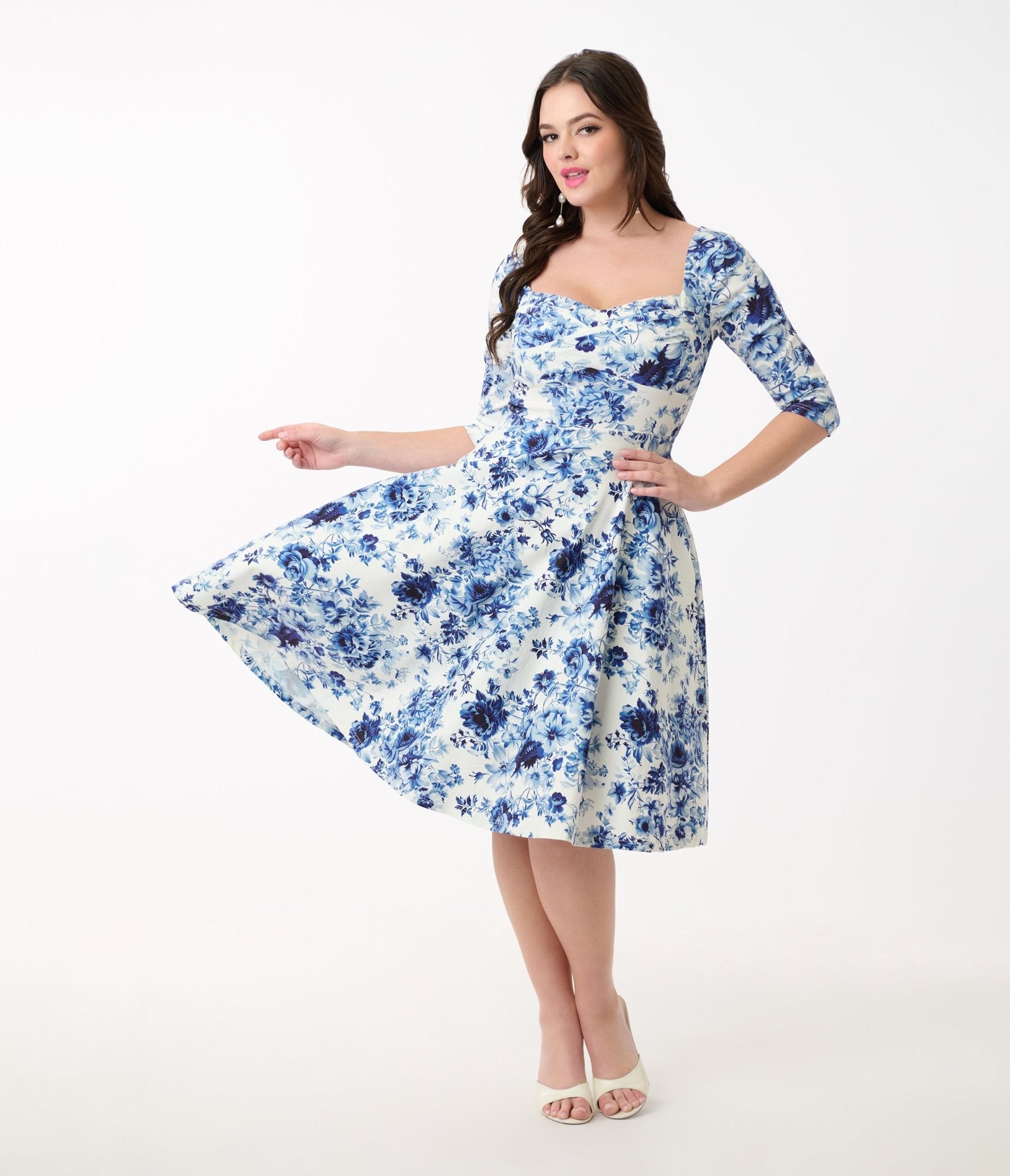 Unique Vintage 1950s White & Blue Floral Pleated Bust Swing Dress - Unique Vintage - Womens, DRESSES, SWING