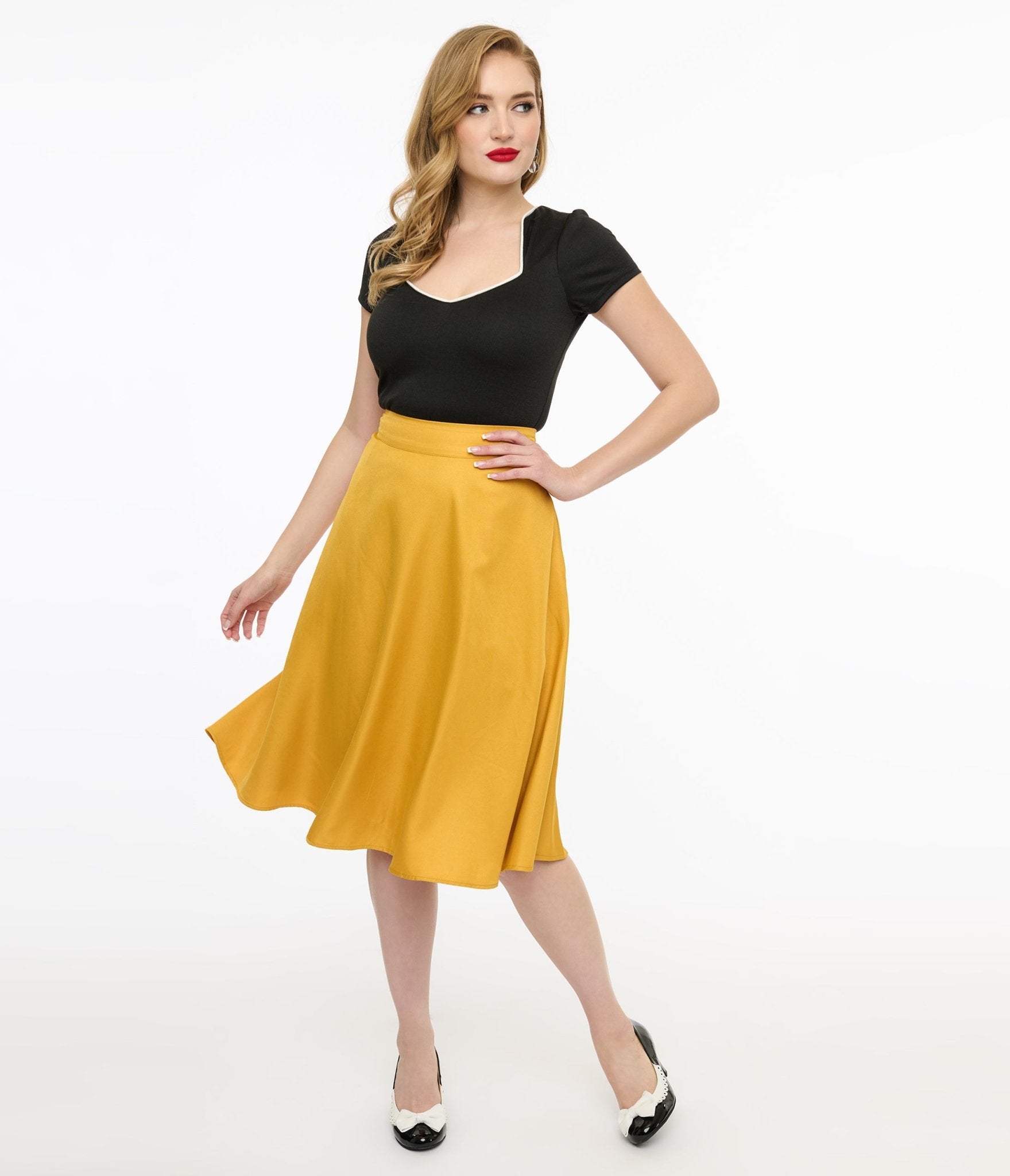 Unique Vintage 1950s Mustard High Waist Vivien Swing Skirt