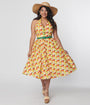 Unique Vintage 1950s Yellow & Red Apple Print Cotton Halter Swing Dress