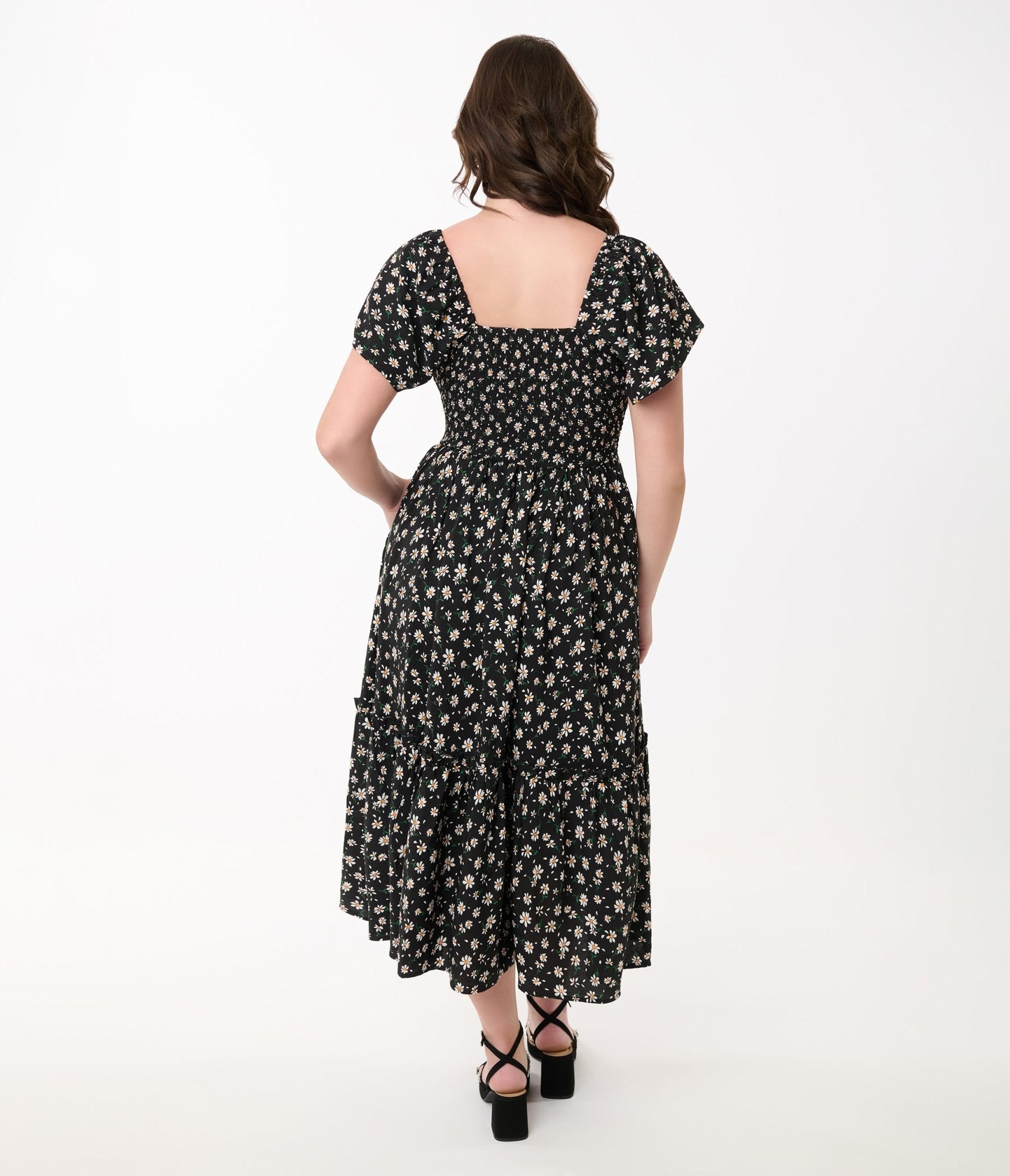 Unique Vintage 1960s Black & White Ditsy Floral Smocked Bodice Midi Dress - Unique Vintage - Womens, DRESSES, MIDI