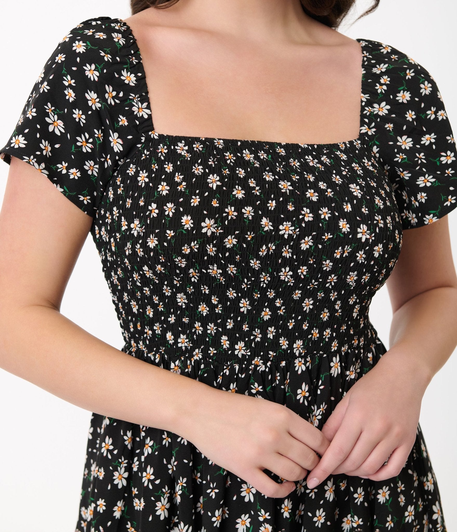 Unique Vintage 1960s Black & White Ditsy Floral Smocked Bodice Midi Dress - Unique Vintage - Womens, DRESSES, MIDI