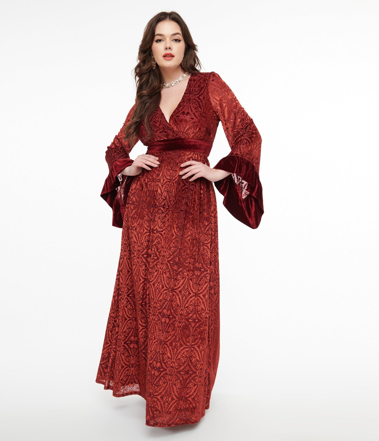 Unique Vintage 1960s Burgundy Velvet Burnout Maxi Dress - Unique Vintage - Womens, DRESSES, MAXI