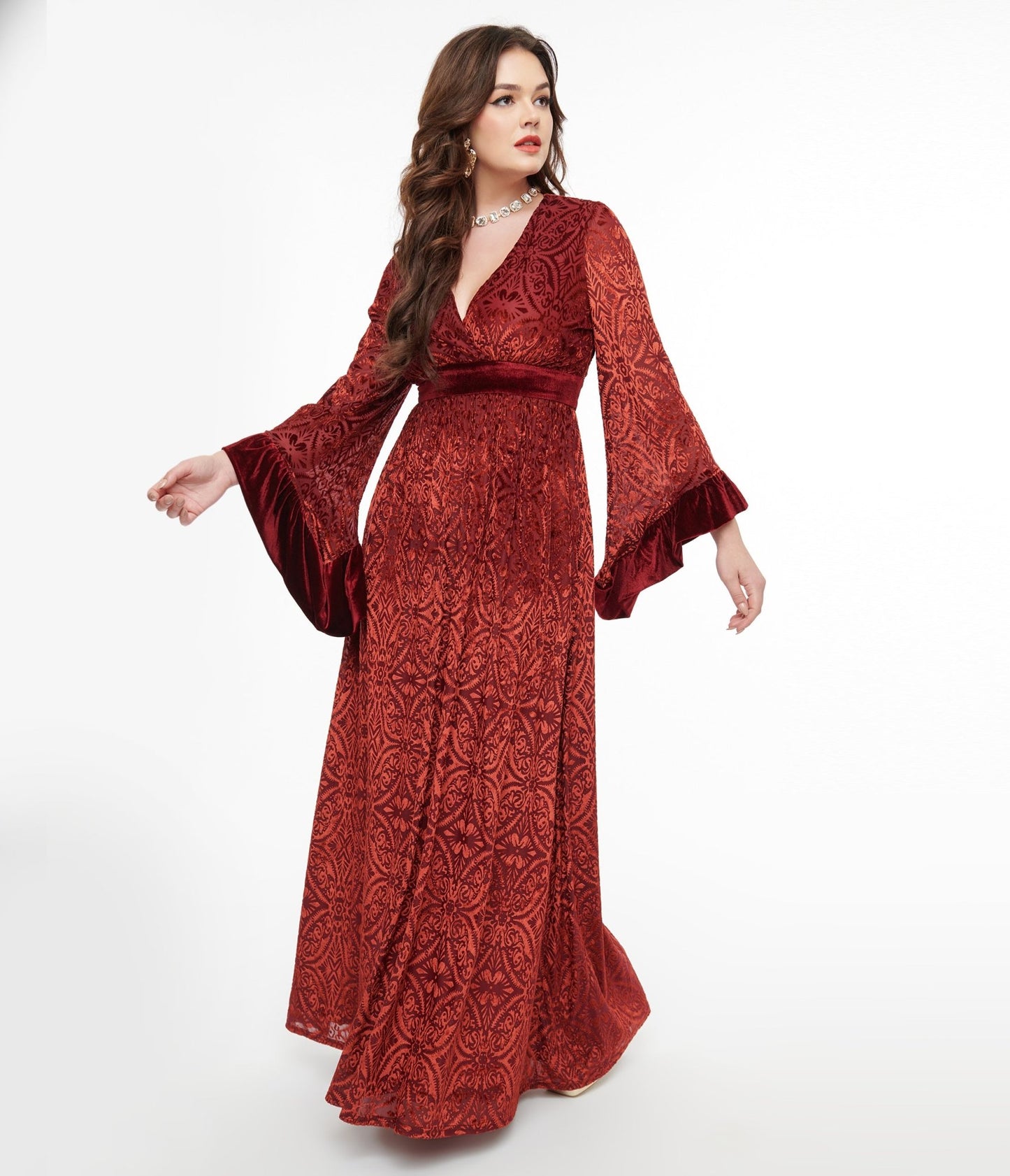 Unique Vintage 1960s Burgundy Velvet Burnout Maxi Dress - Unique Vintage - Womens, DRESSES, MAXI