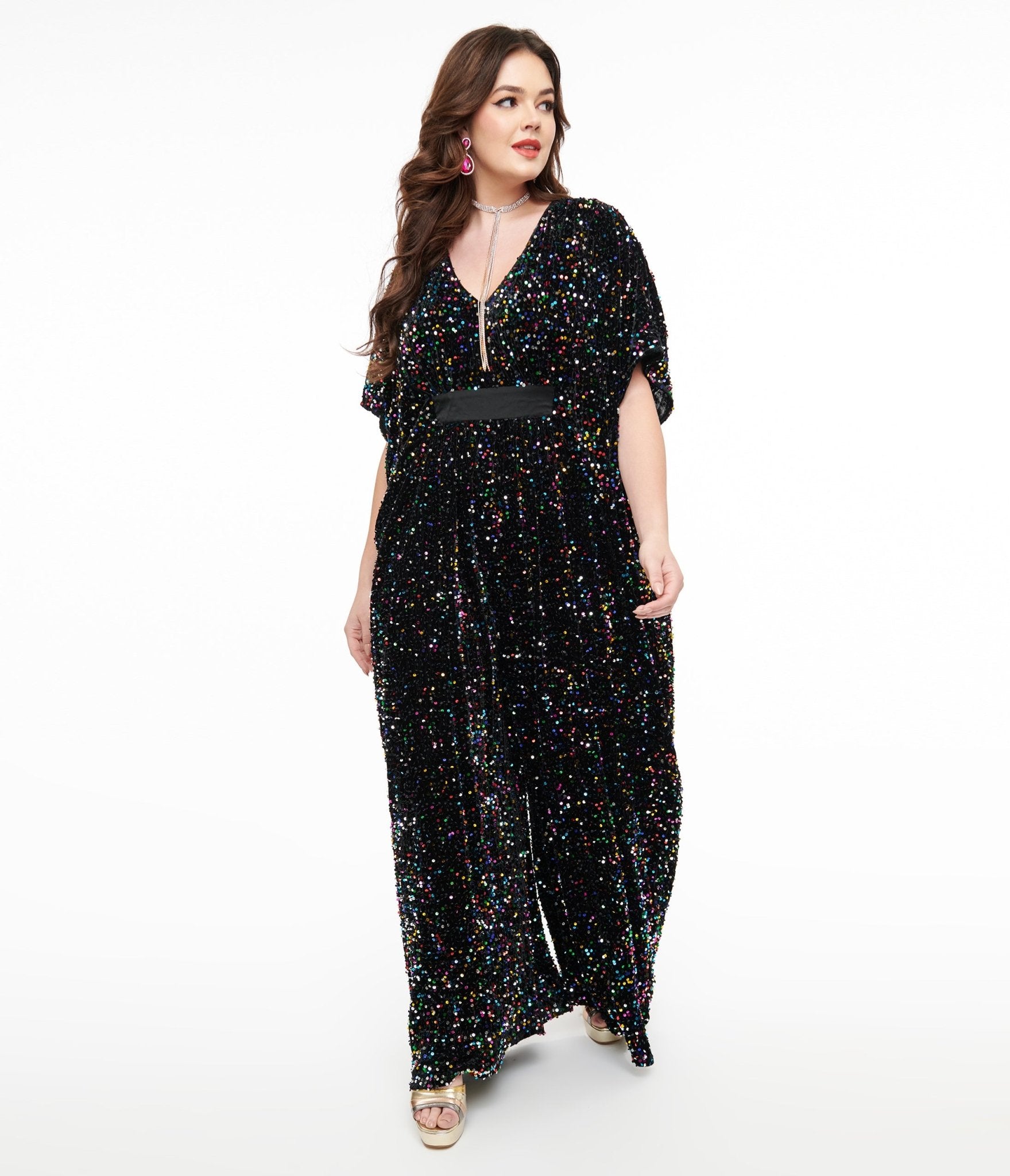 Unique Vintage 1970s Black Iridescent Sequin Caftan Jumpsuit - Unique Vintage - Womens, BOTTOMS, ROMPERS AND JUMPSUITS