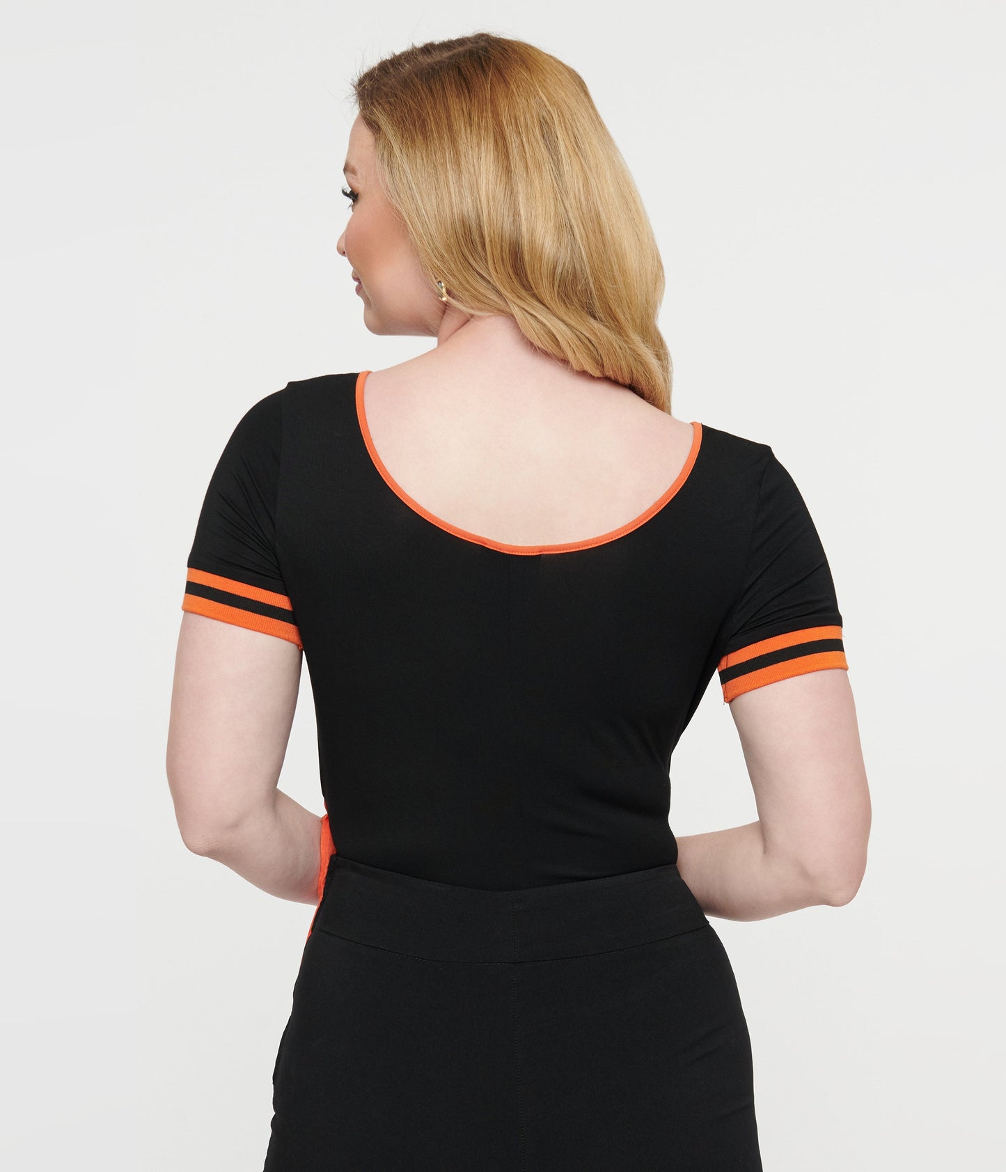 Unique Vintage 1970s Black & Orange Pumpkin Surplice Bodysuit - Unique Vintage - Womens, TOPS, BODYSUITS