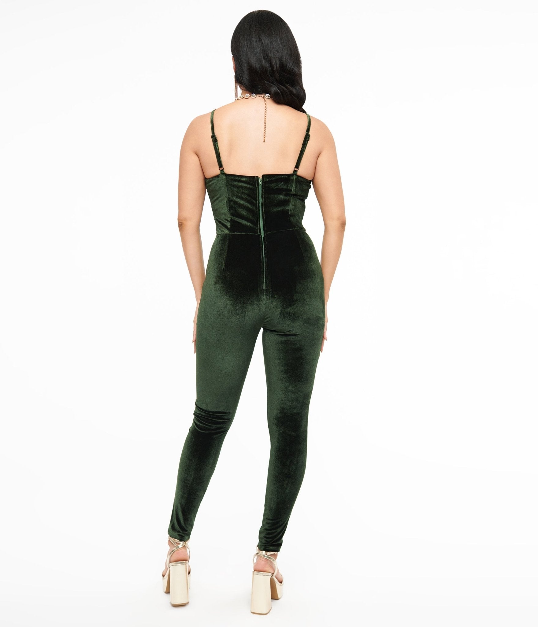 Unique Vintage 1970s Dark Green Velvet Jumpsuit - Unique Vintage - Womens, BOTTOMS, ROMPERS AND JUMPSUITS