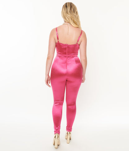 Unique Vintage 1970s Hot Pink Spandex Belted Jumpsuit - Unique Vintage - Womens, BOTTOMS, ROMPERS AND JUMPSUITS