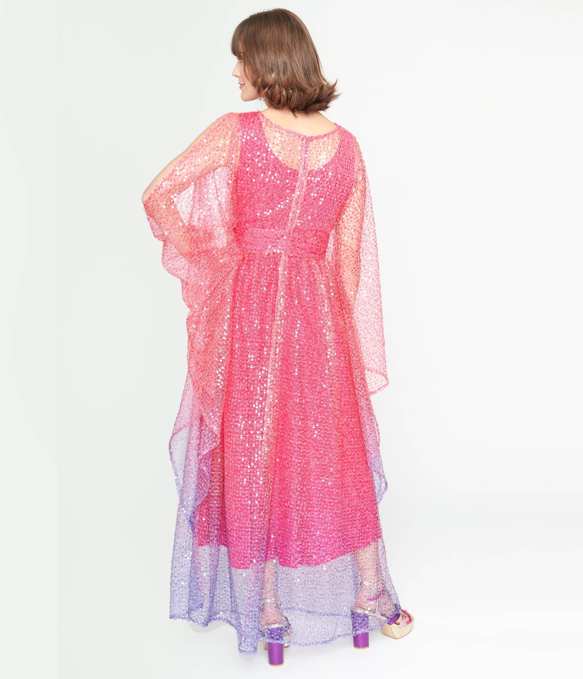 Unique Vintage 1970s Sheer Pink & Purple Ombre Sequin Flutter Sleeve Caftan - Unique Vintage - Womens, DRESSES, MAXI