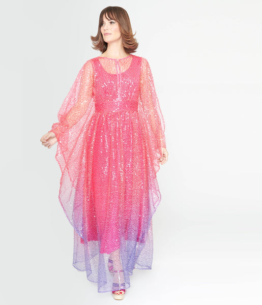 Unique Vintage 1970s Sheer Pink & Purple Ombre Sequin Flutter Sleeve C