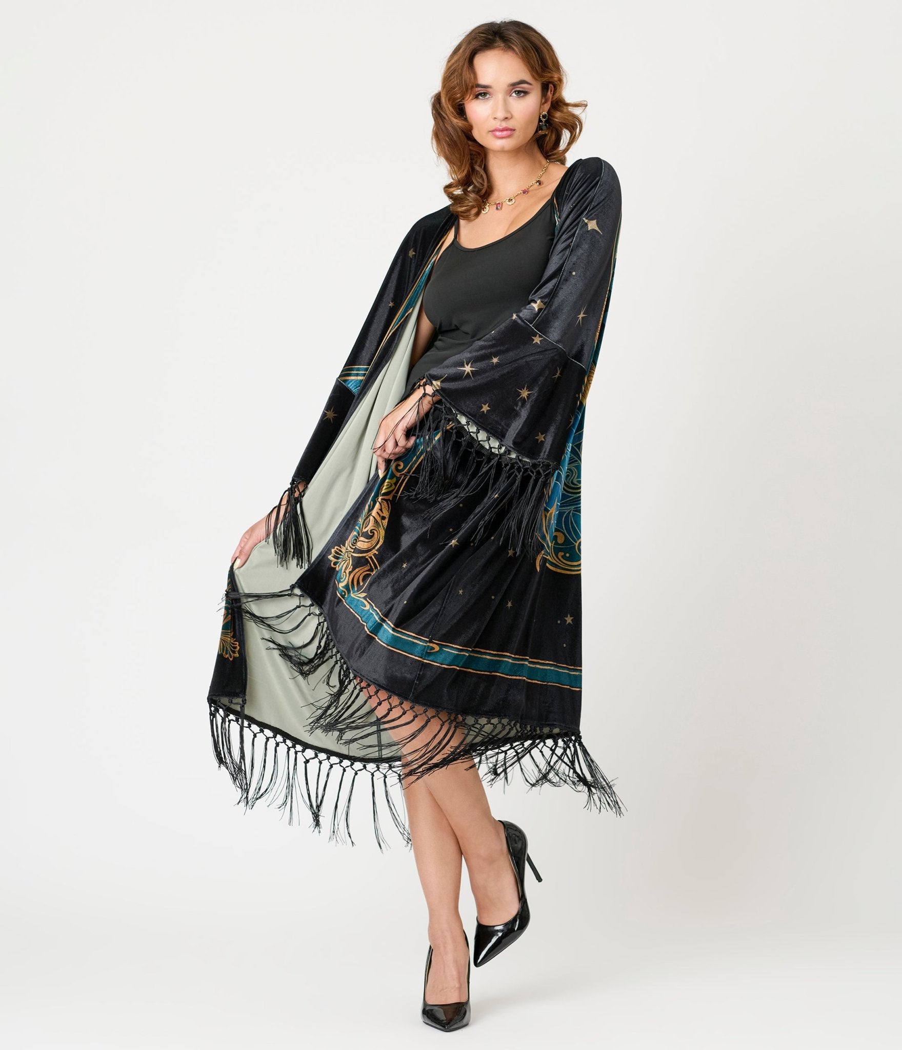 Unique Vintage Black Art Nouveau Fringe Kimono - Unique Vintage - Womens, FLAPPER, COATS