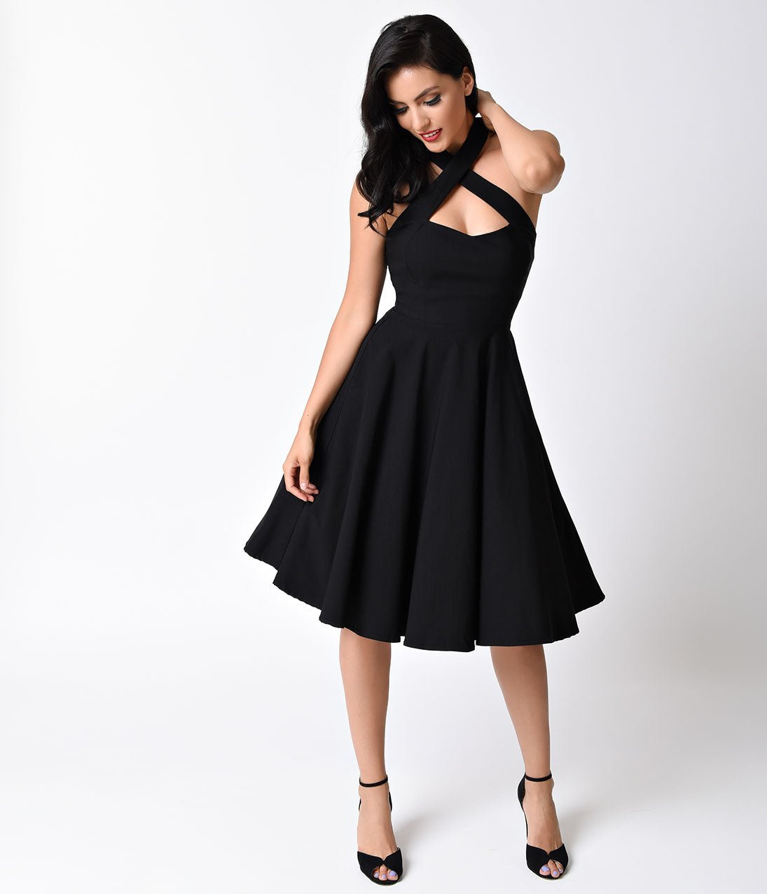 Unique Vintage Black Criss Cross Halter Rita Flare Dress Unique Vintage Black Criss Cross Halter Rita Flare Dress