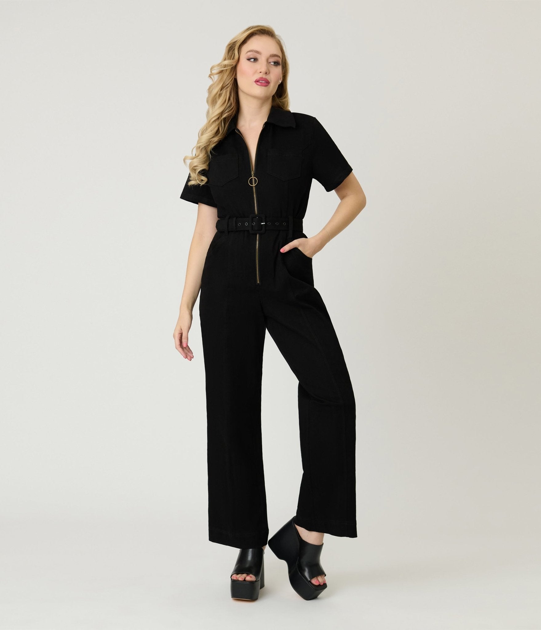 Unique Vintage Black Denim Belted Jumpsuit