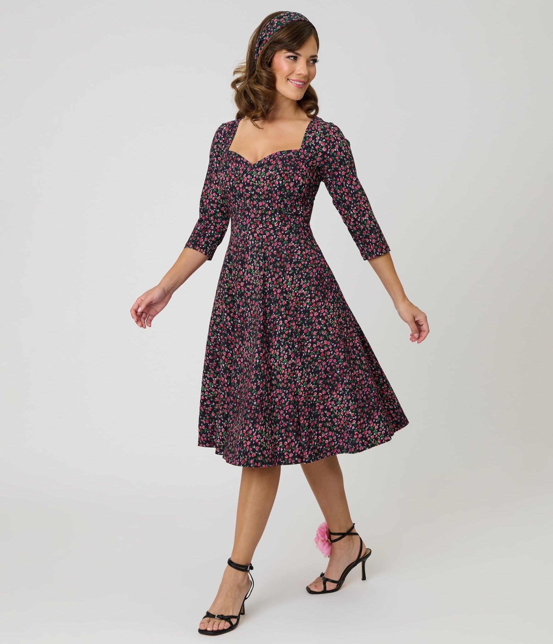 Unique Vintage Black Ditzy Rose Pleated Bust Swing Dress
