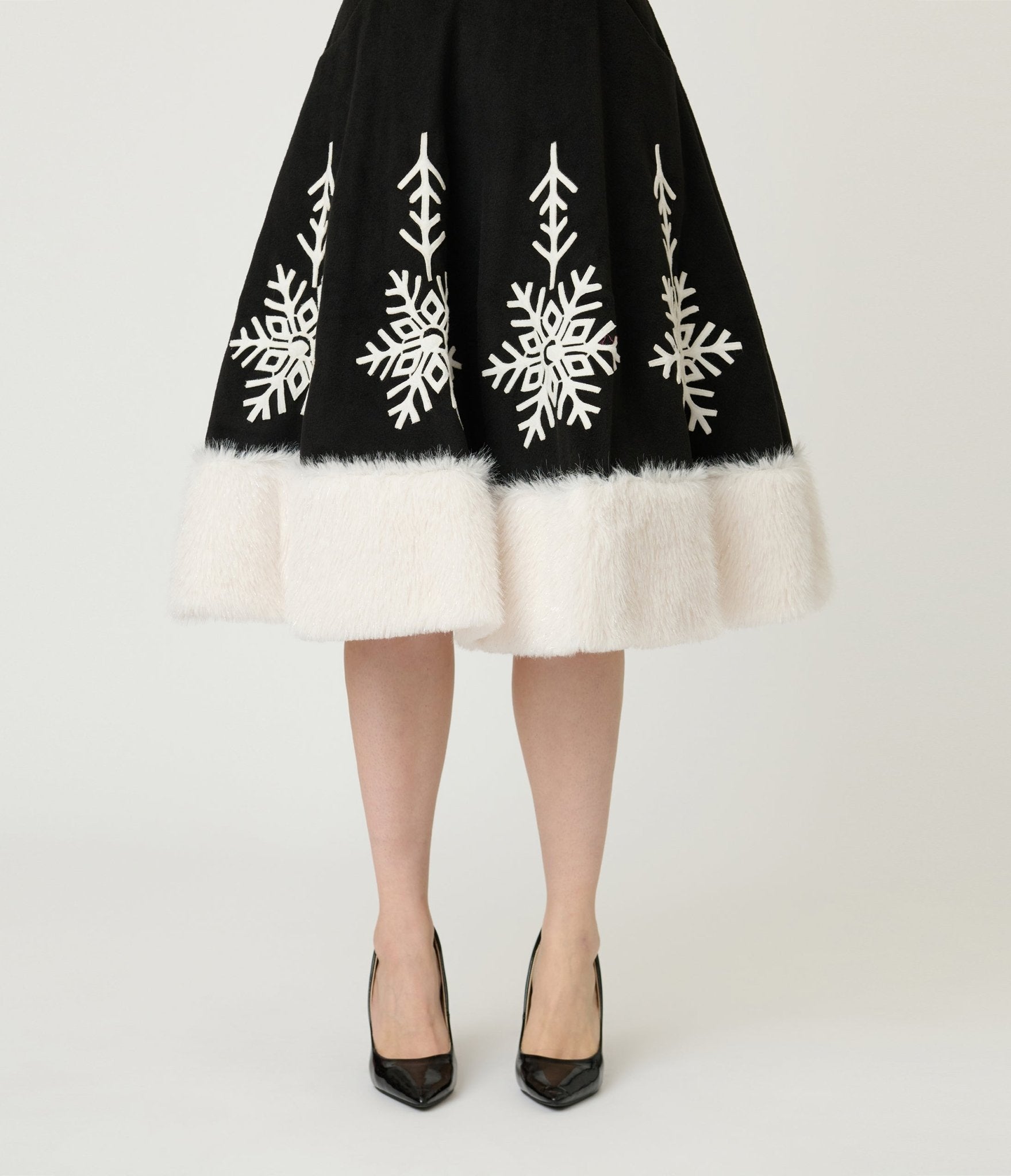 Unique Vintage Black Felt & White Fur Snowflake Soda Shop Swing Skirt - Unique Vintage - Womens, BOTTOMS, SKIRTS