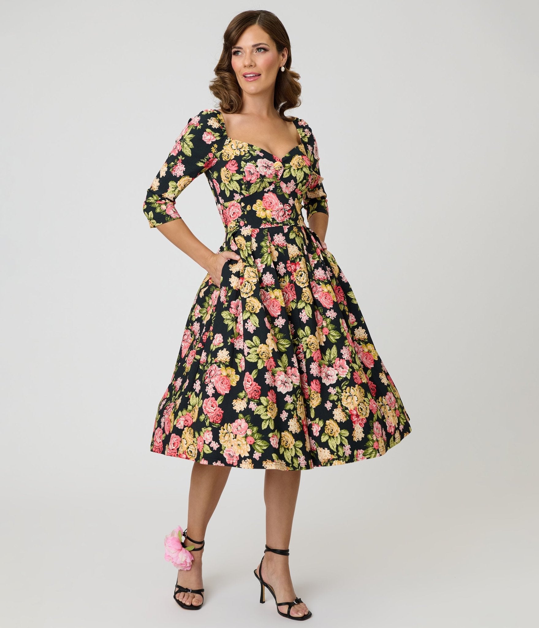 vintage ladies dress patterns Unique Black Floral Lamar Swing Color:Black Woven Sleeve Type:CUFFED 26 38 S 34 Zara striped knit dress