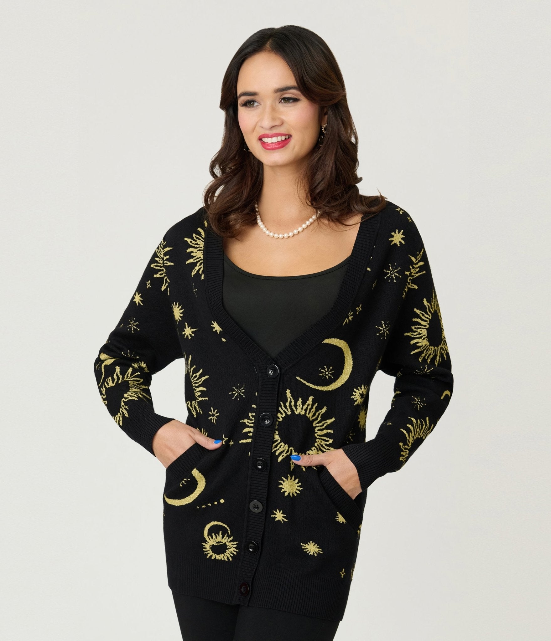 Unique Vintage Black & Gold Celestial Button Cardigan
